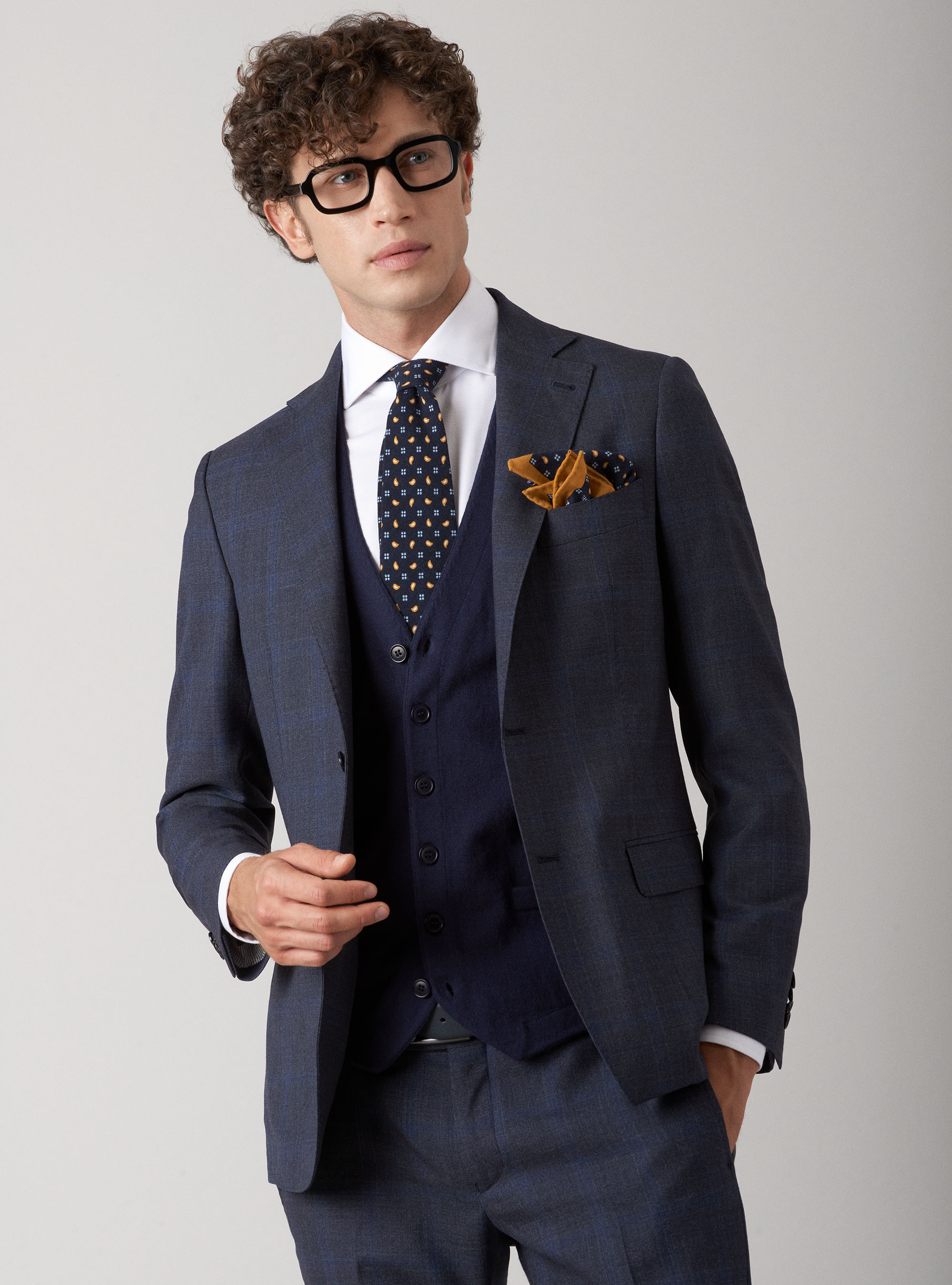 Giacca per abito a quadri in lana superfine 120, BLU NAVY