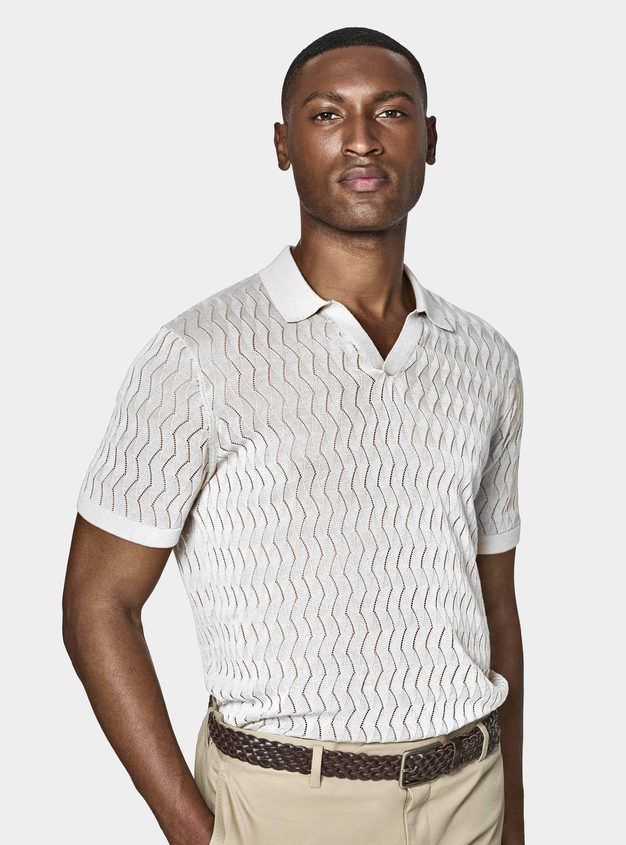 Cotton and silk buttonless perforated knit polo shirt