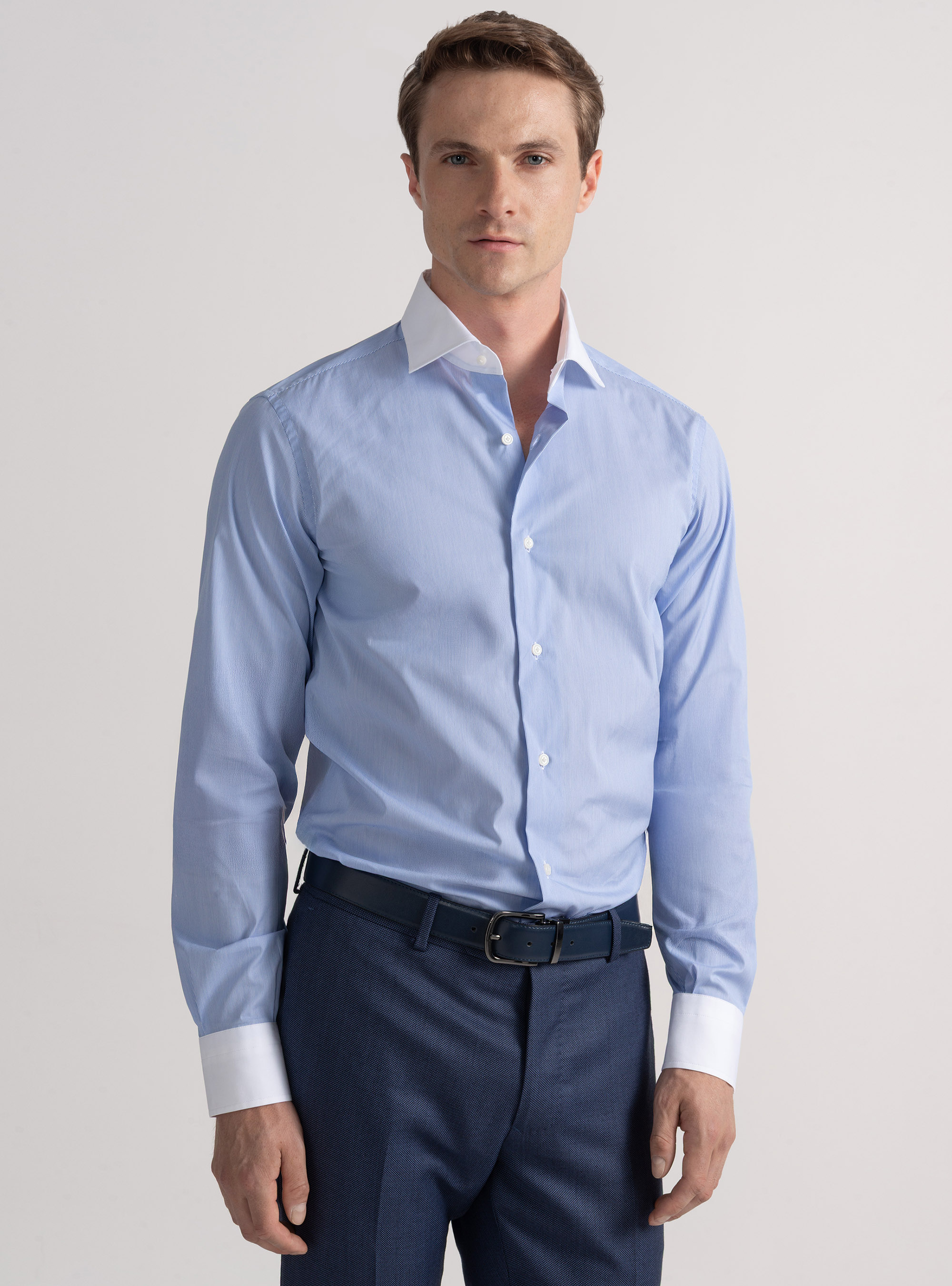 Stretch poplin striped shirt with contrasts, LIGHT BLUE