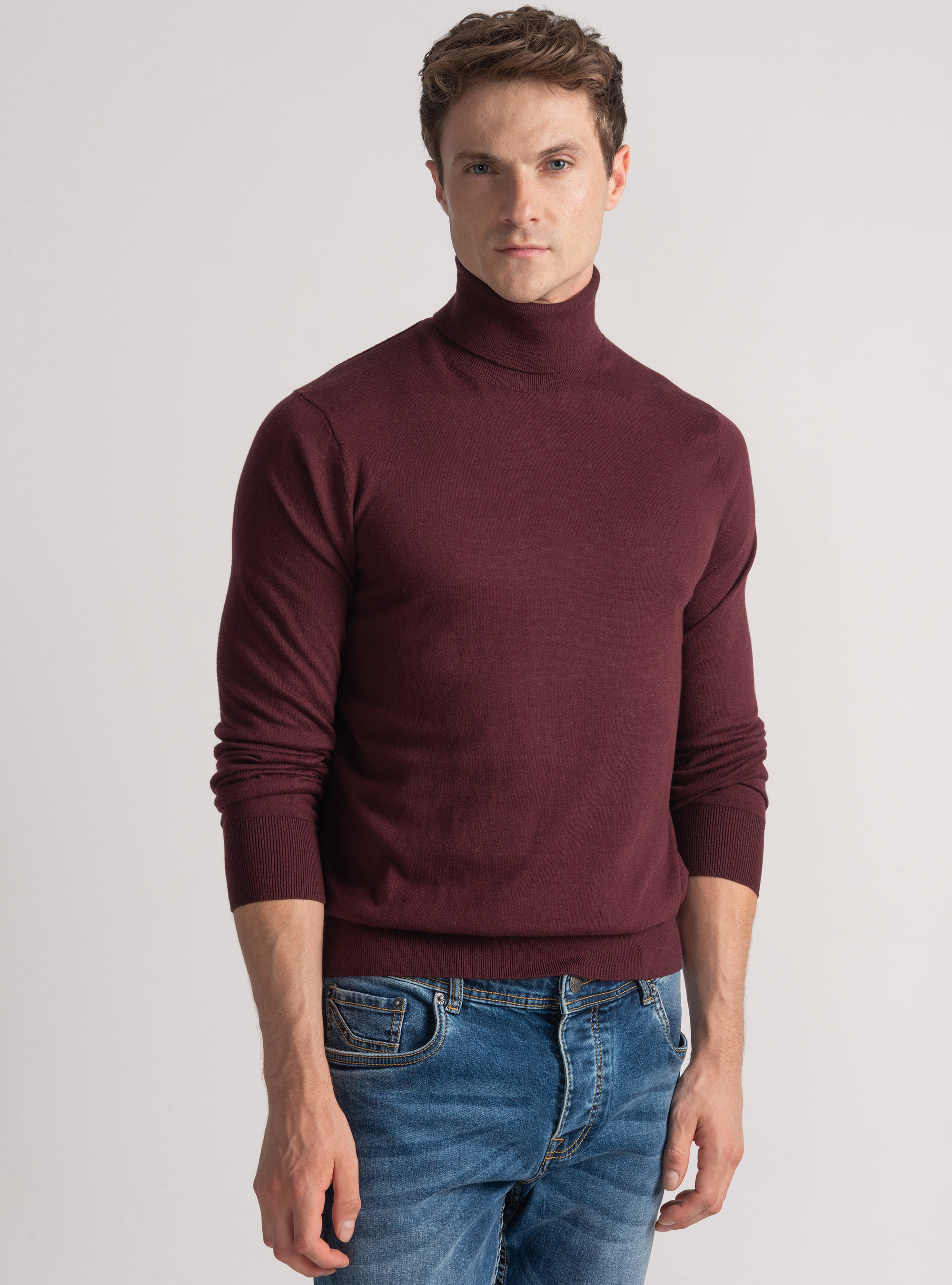 Silk and cashmere cotton turtleneck, BORDEAUX