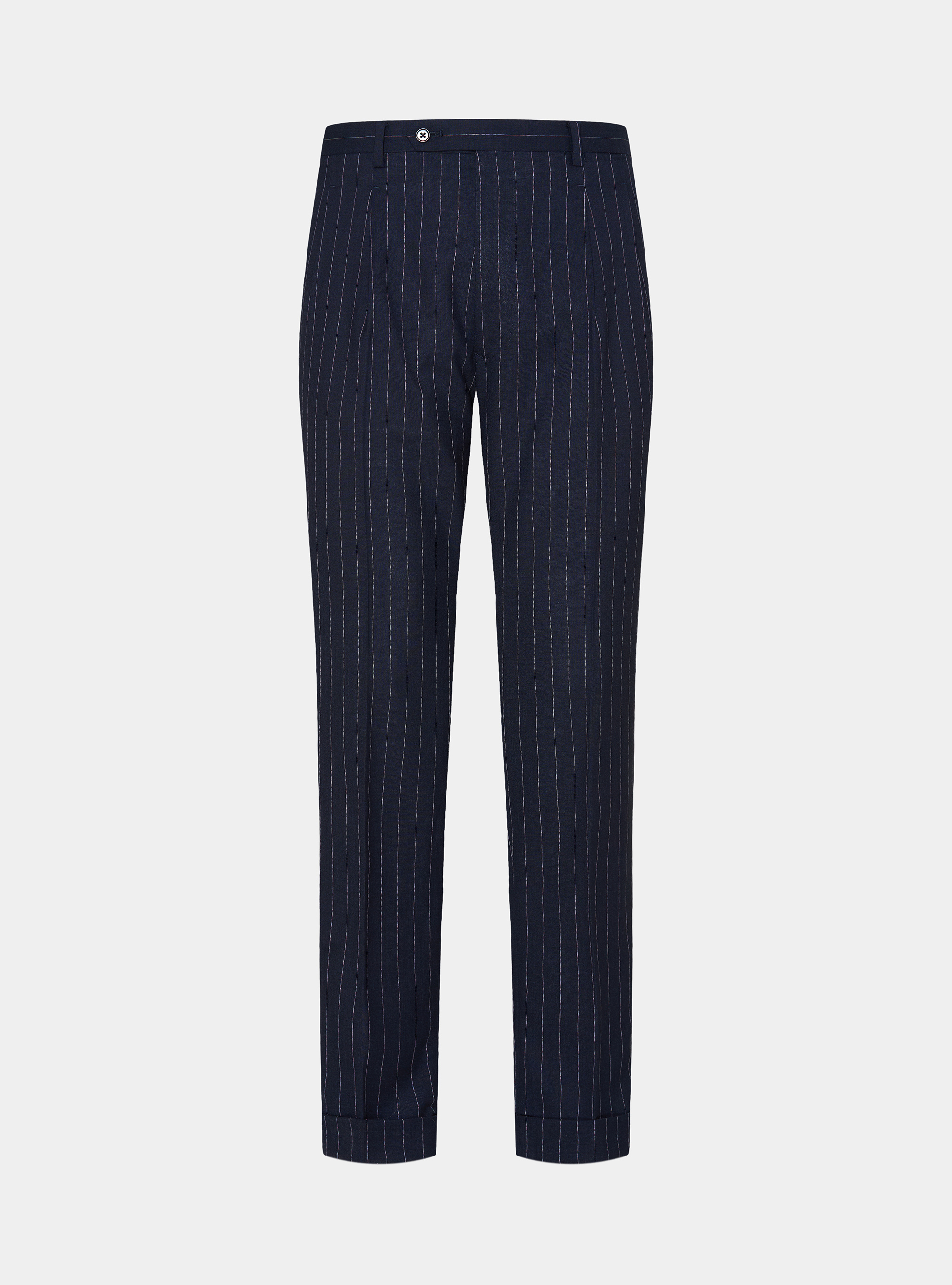 Double-breasted pinstriped wool suit trousers, NAVY BLUE
