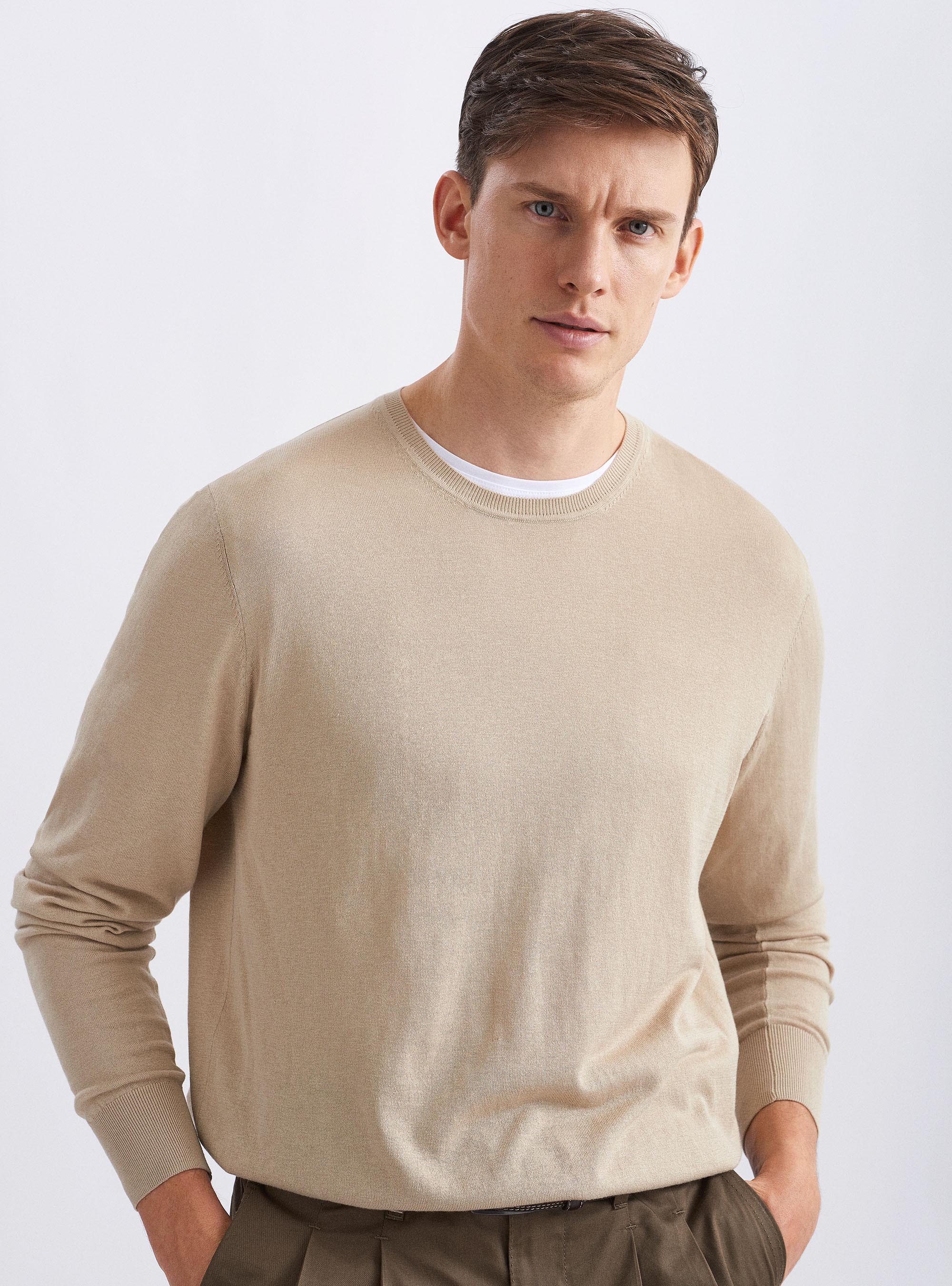 Silk and cotton crew-neck sweater, ECRU