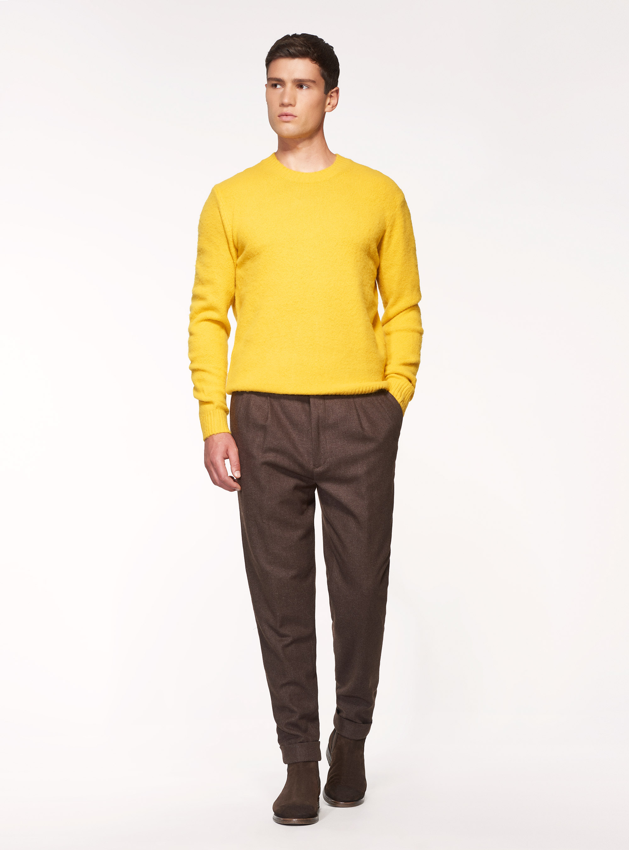 Maglia girocollo in misto lana brushed, 0711C OCRA