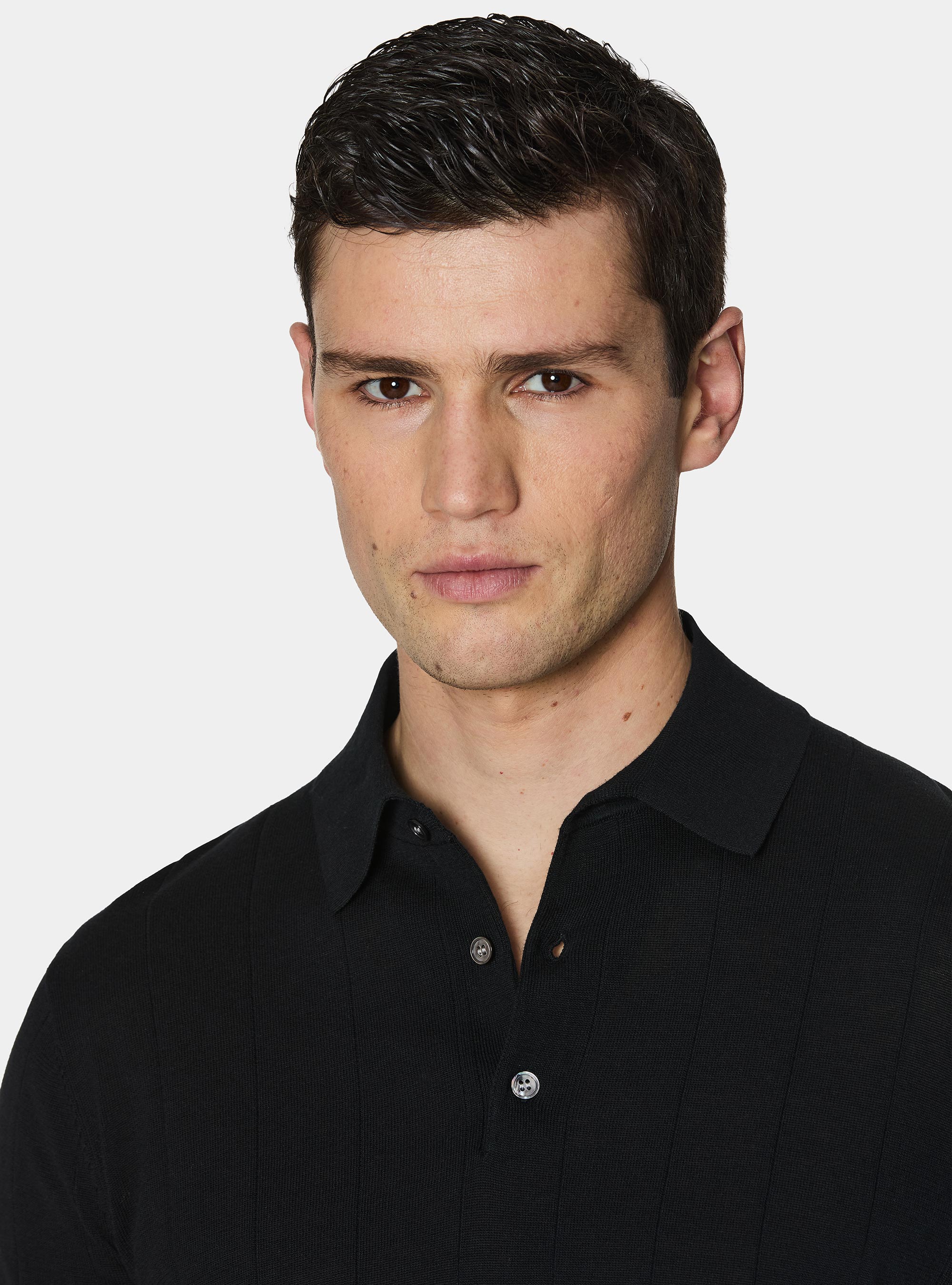 Long-sleeved knit polo shirt, BLACK