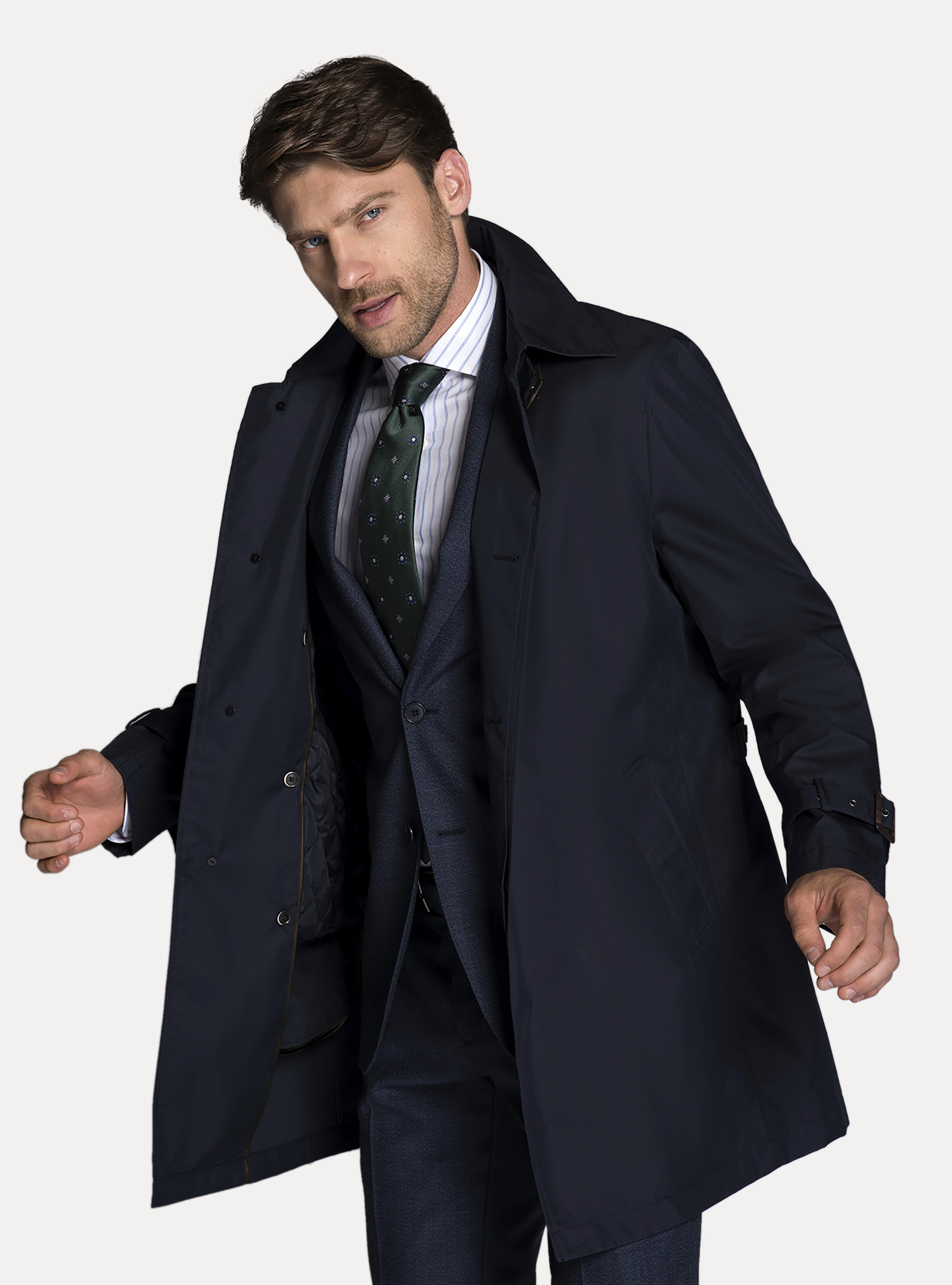 Single-breasted raincoat with buttons, NAVY BLUE