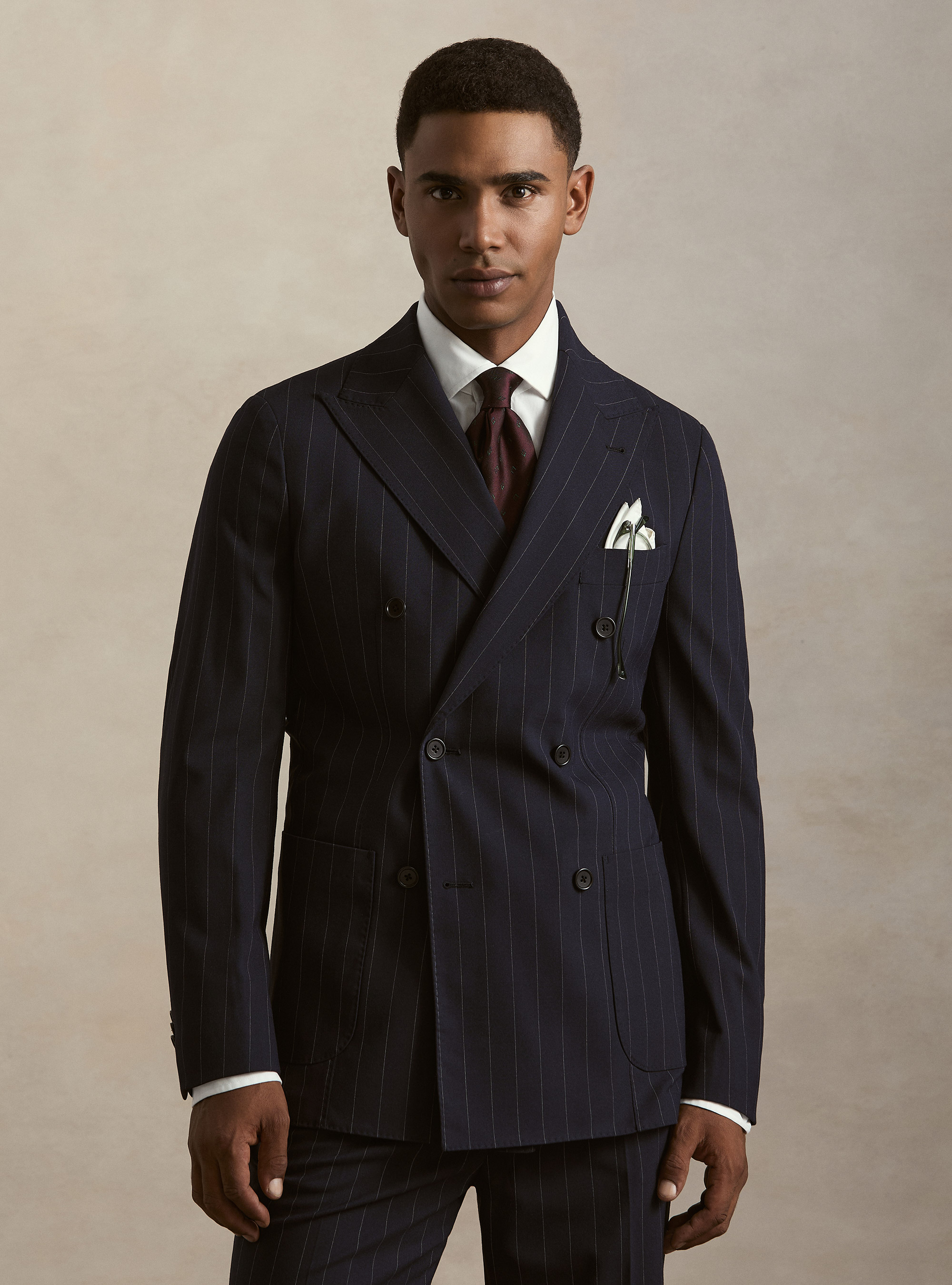 Giacca per abito doppiopetto gessata in tessuto stretch, BLU NAVY