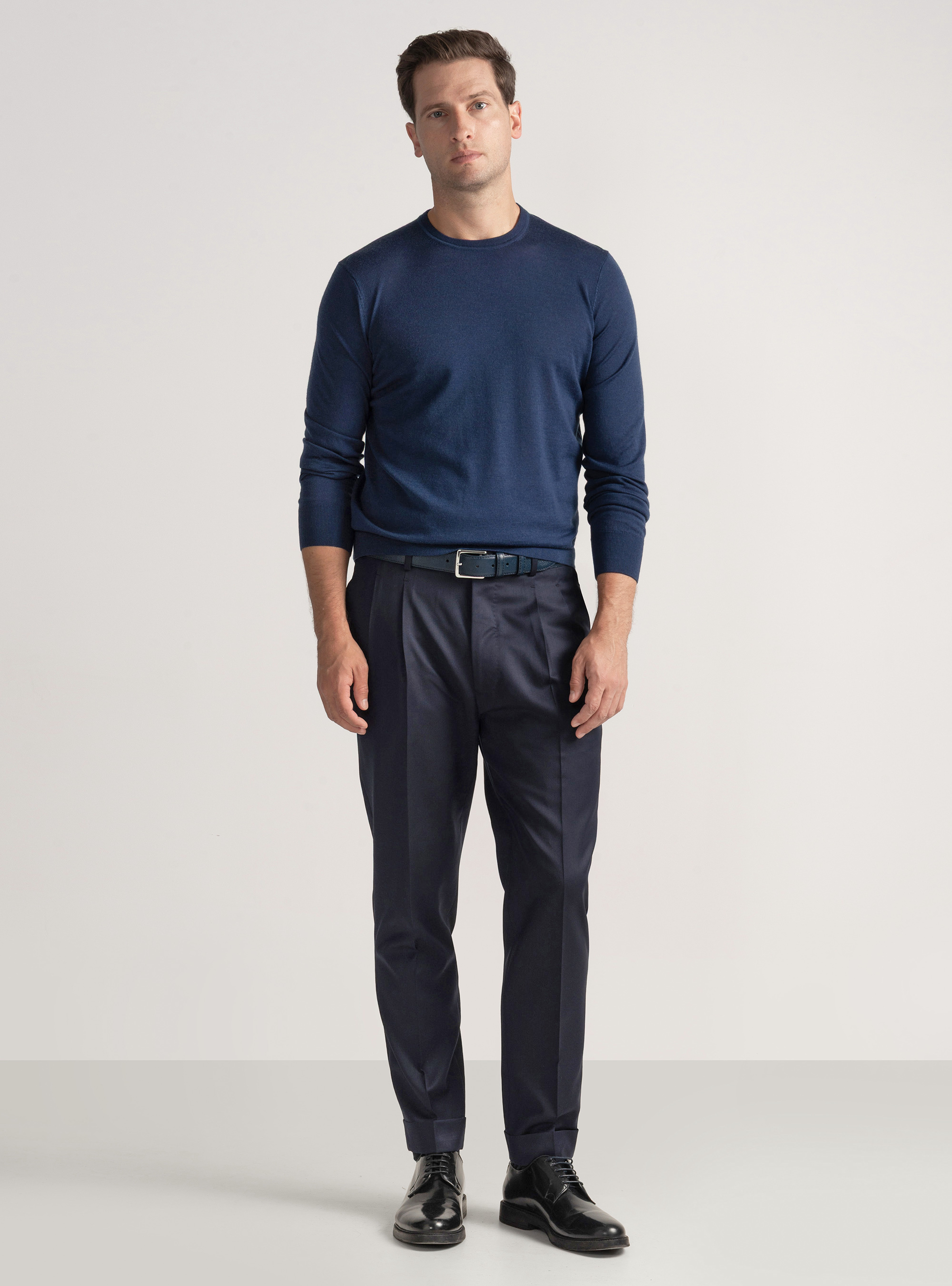 Punto de cuello redondo de pura lana merina extrafina, AZUL TINTA