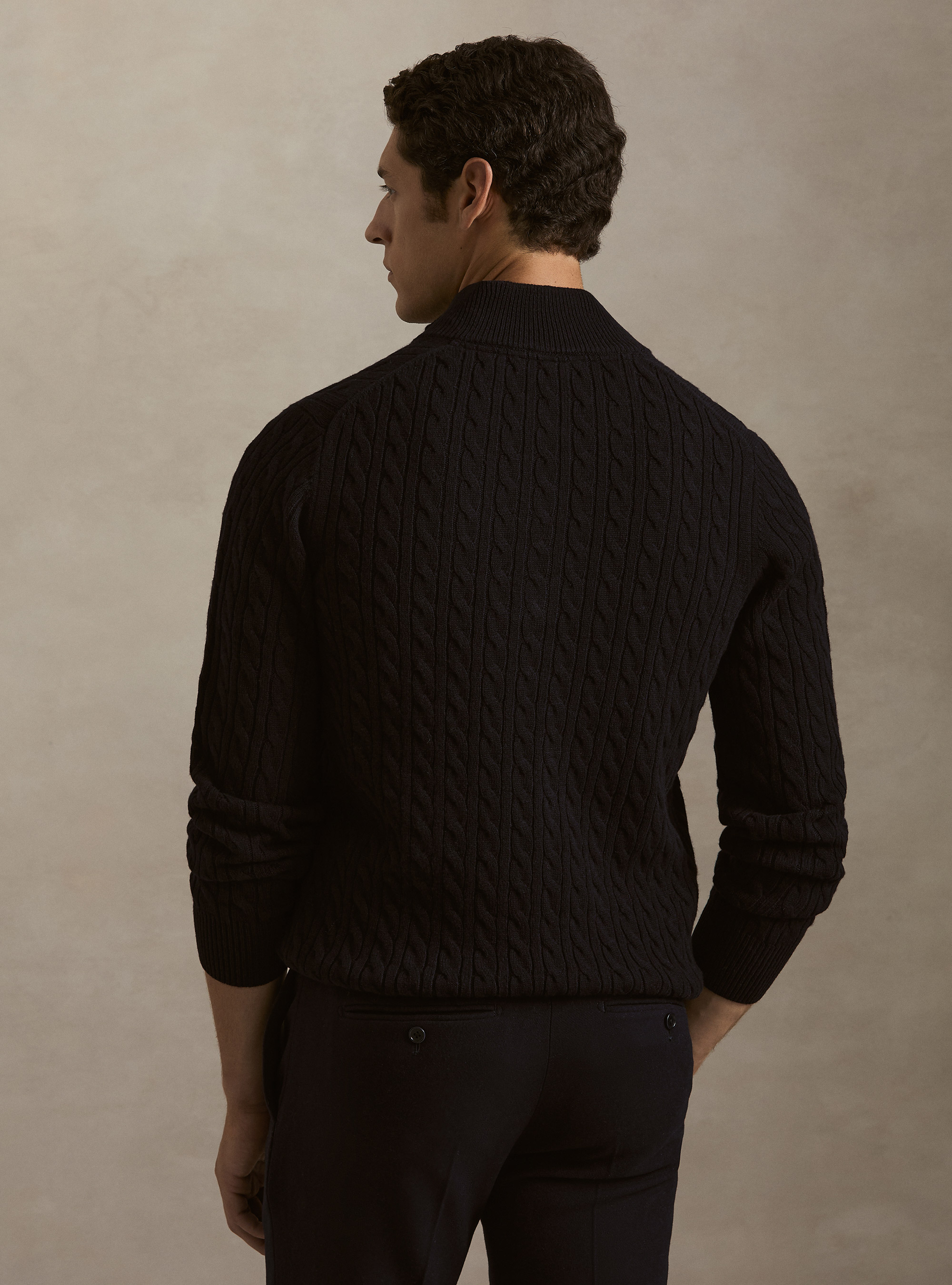 Cable-knit wool and cashmere mock neck sweater, NAVY BLUE