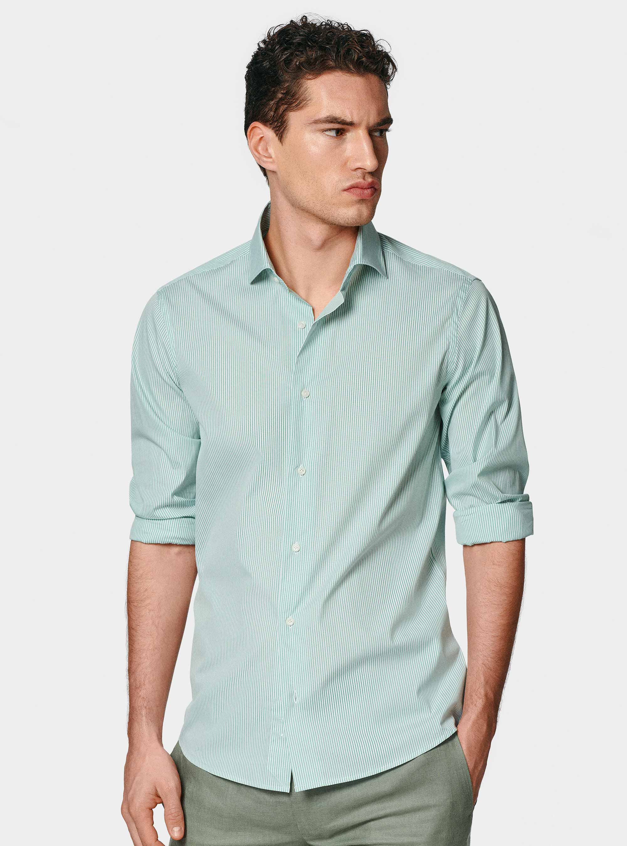 Chemise à rayures en popeline stretch, SALVIA 0602C