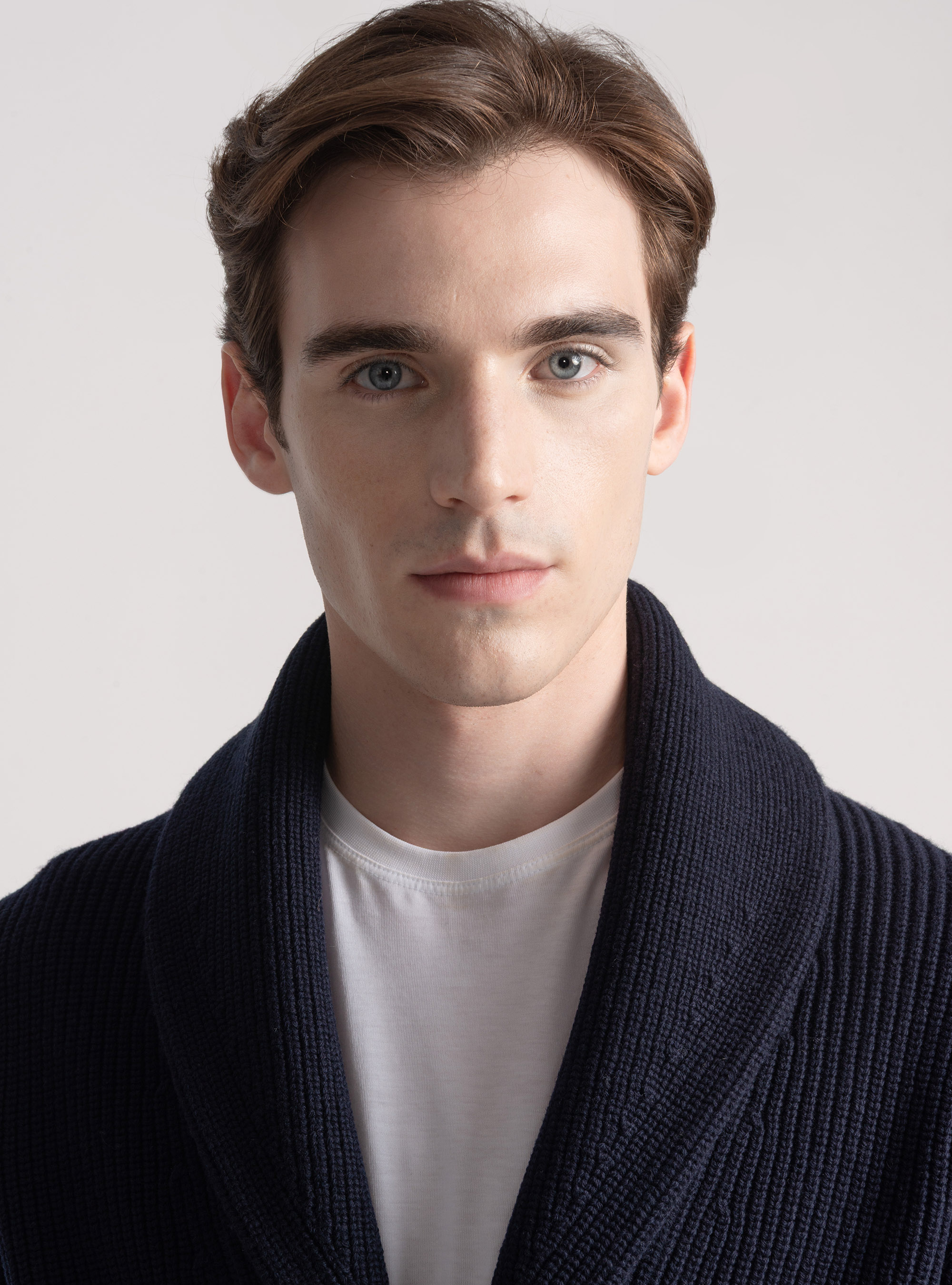 Cardigan in maglia sciallata in lana merino, BLU NAVY