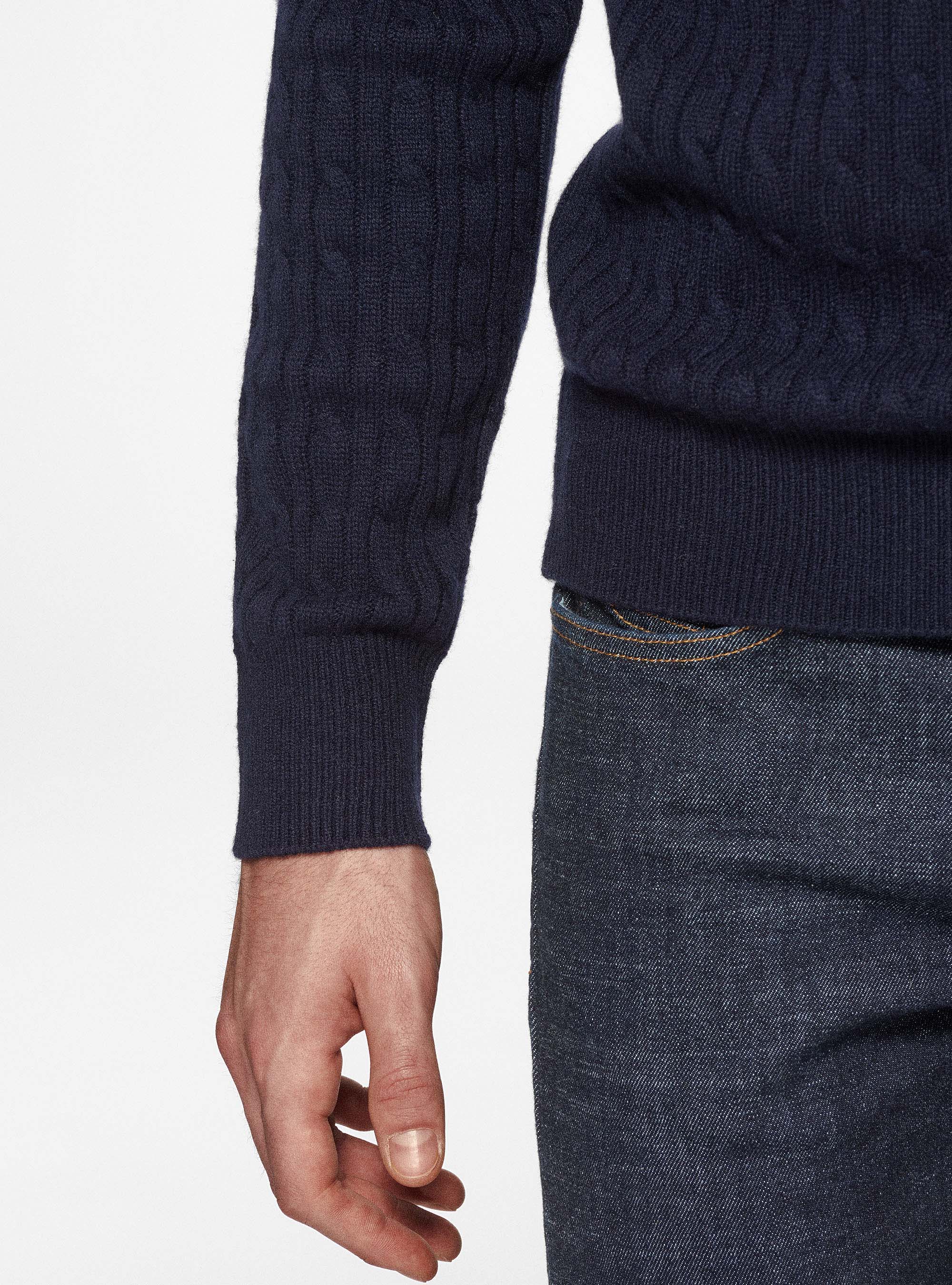 Maglia mock neck in lana e cashmere con trecce, BLU NAVY