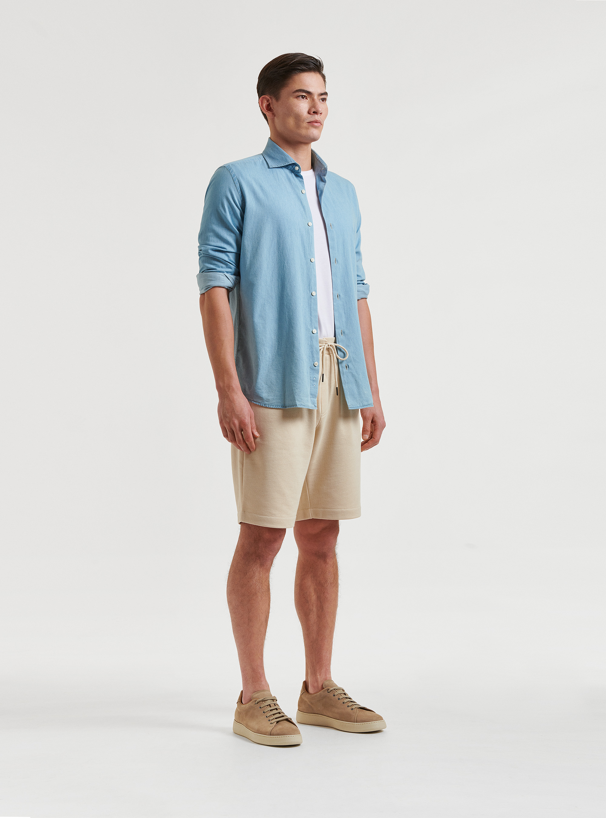 Camicia denim in cotone chambray, AZZURRO