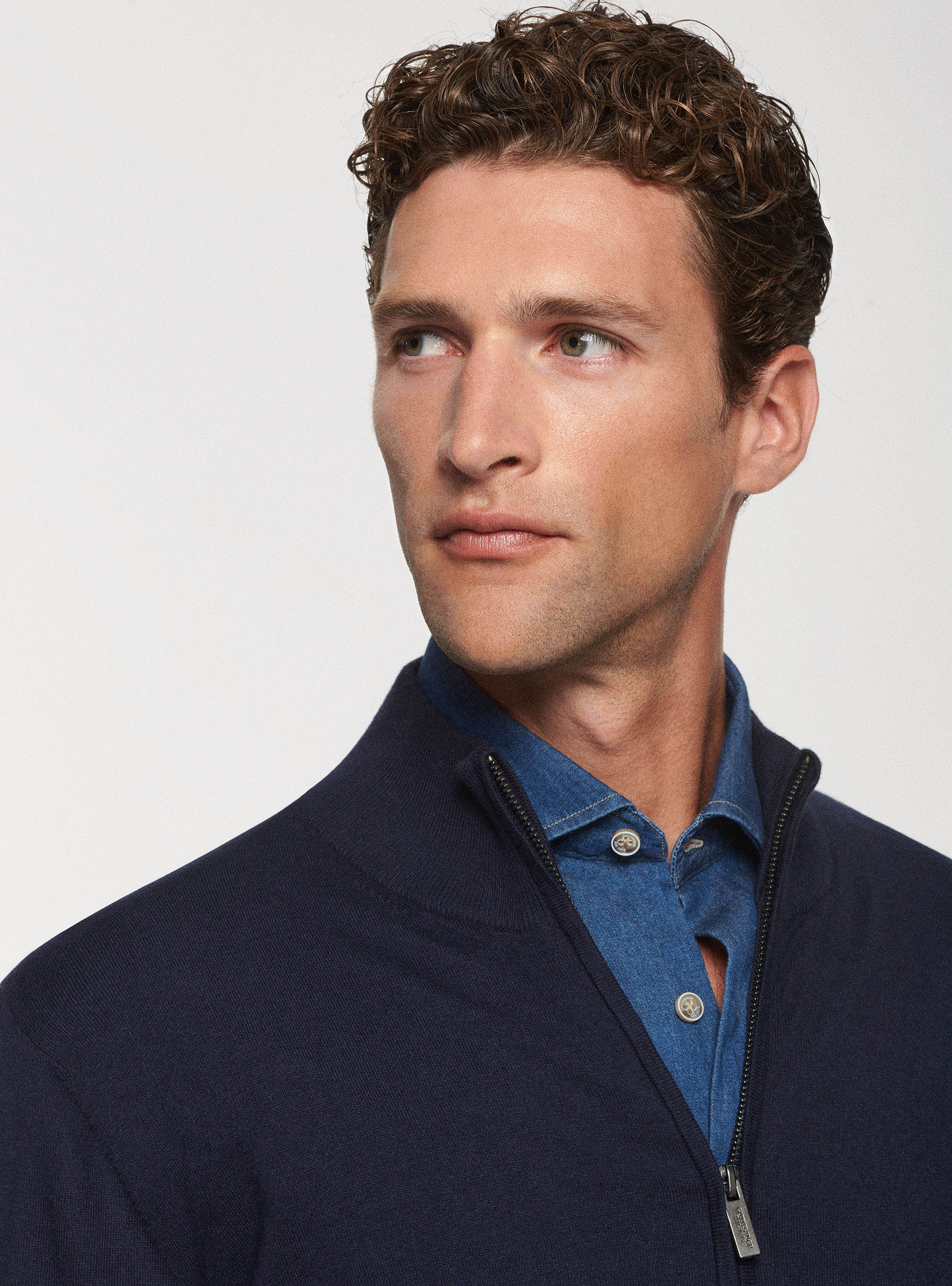 Maglia full zip in cotone seta e cashmere, BLU NAVY