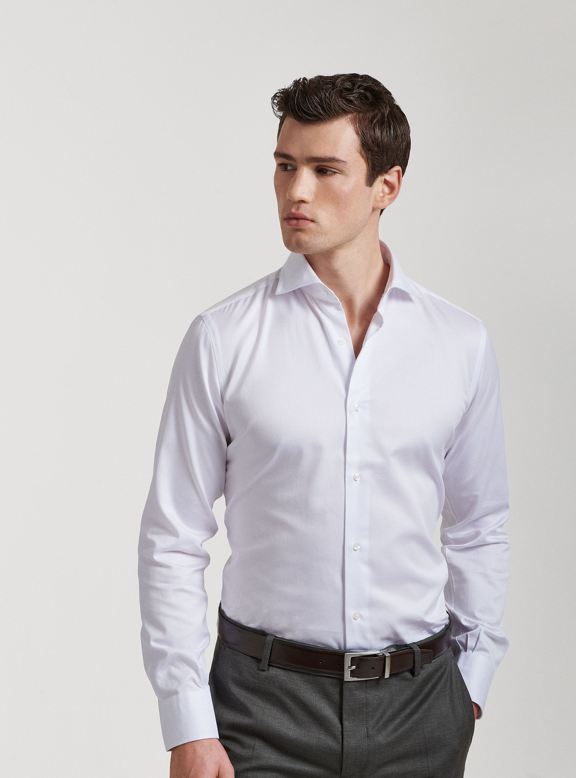 Camicia slim fit in twill di cotone, BIANCO