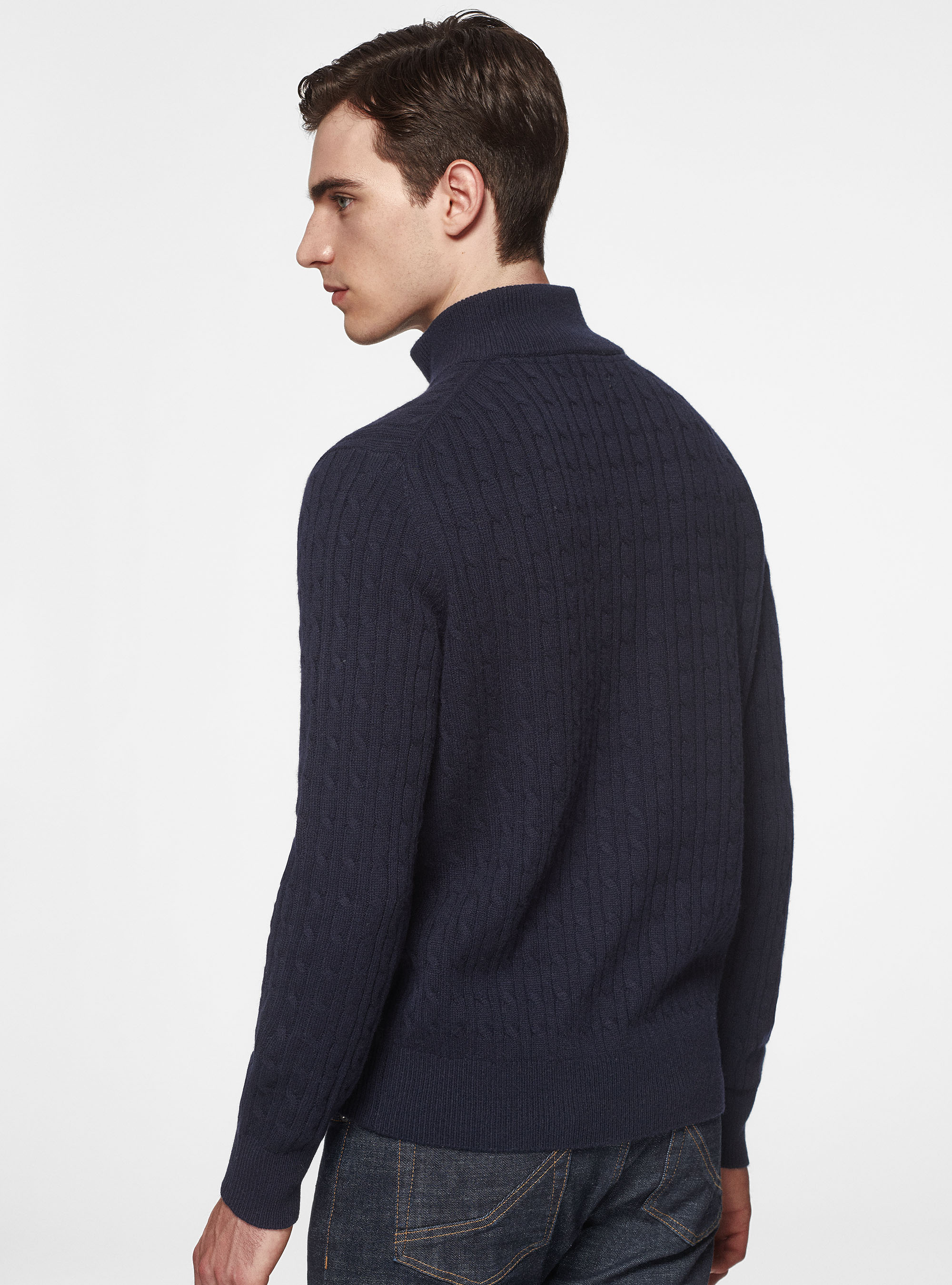 Maglia mock neck in lana e cashmere con trecce, BLU NAVY