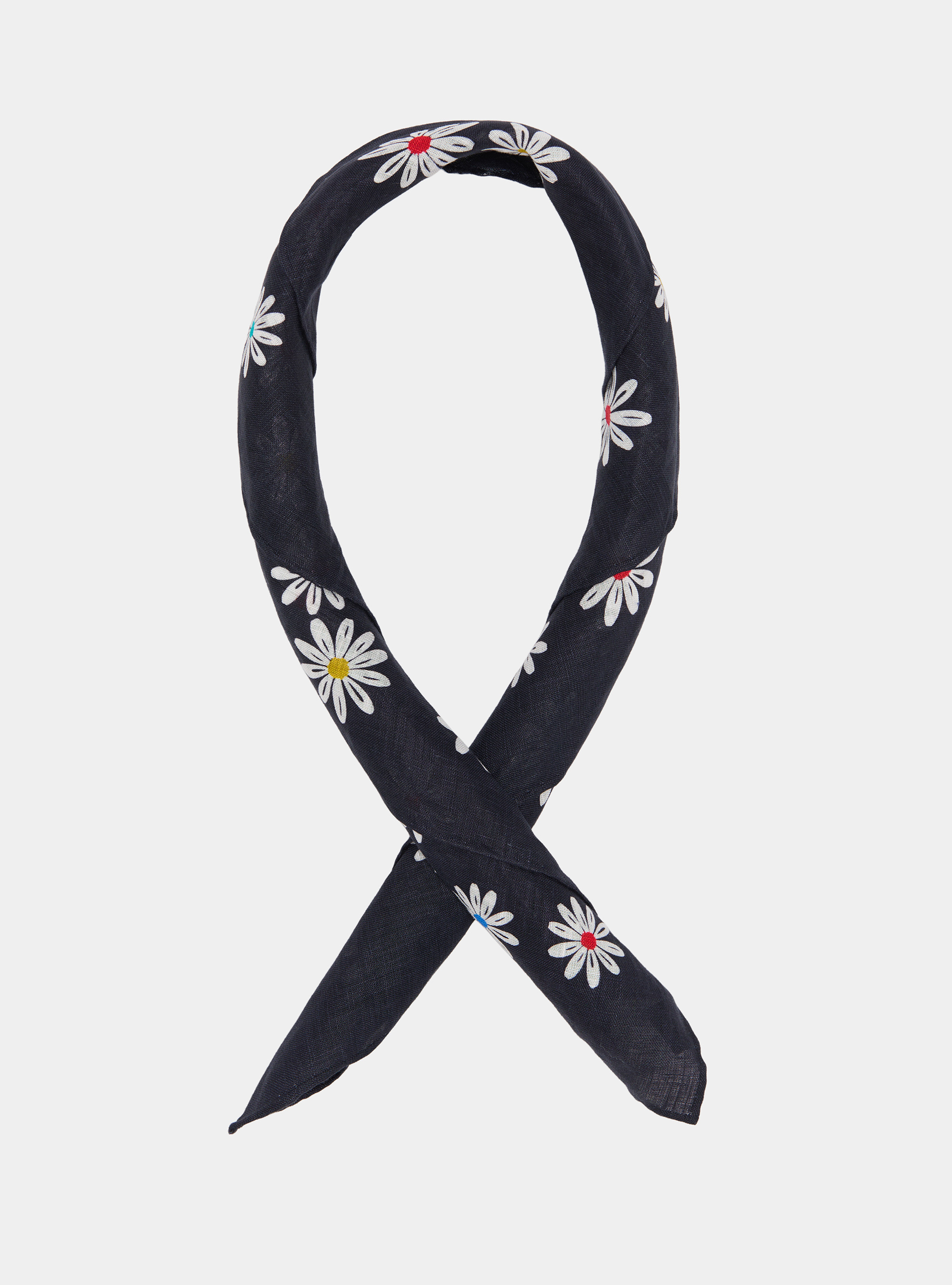 Foulard stampato con fiori in lino, NAVY BLUE