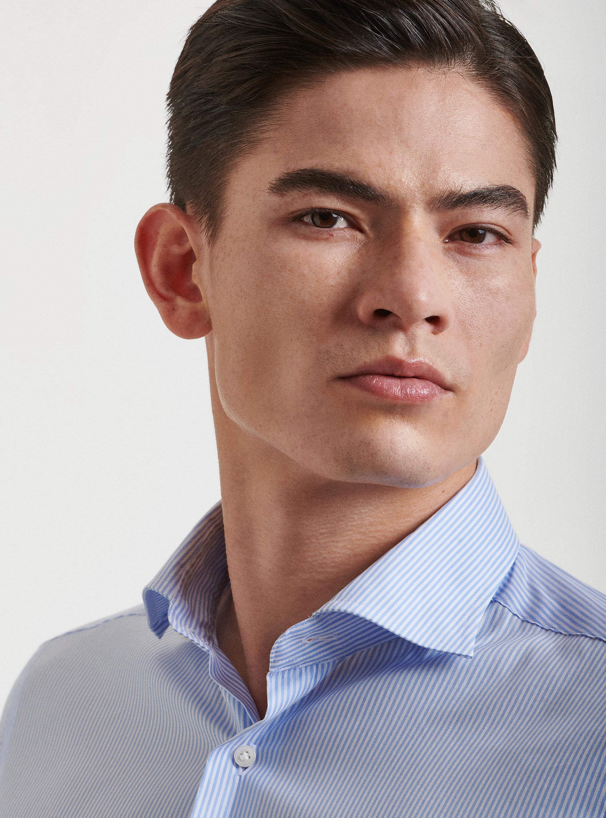 Camicia collo semifrancese  in popeline stretch rigato, AZZURRO