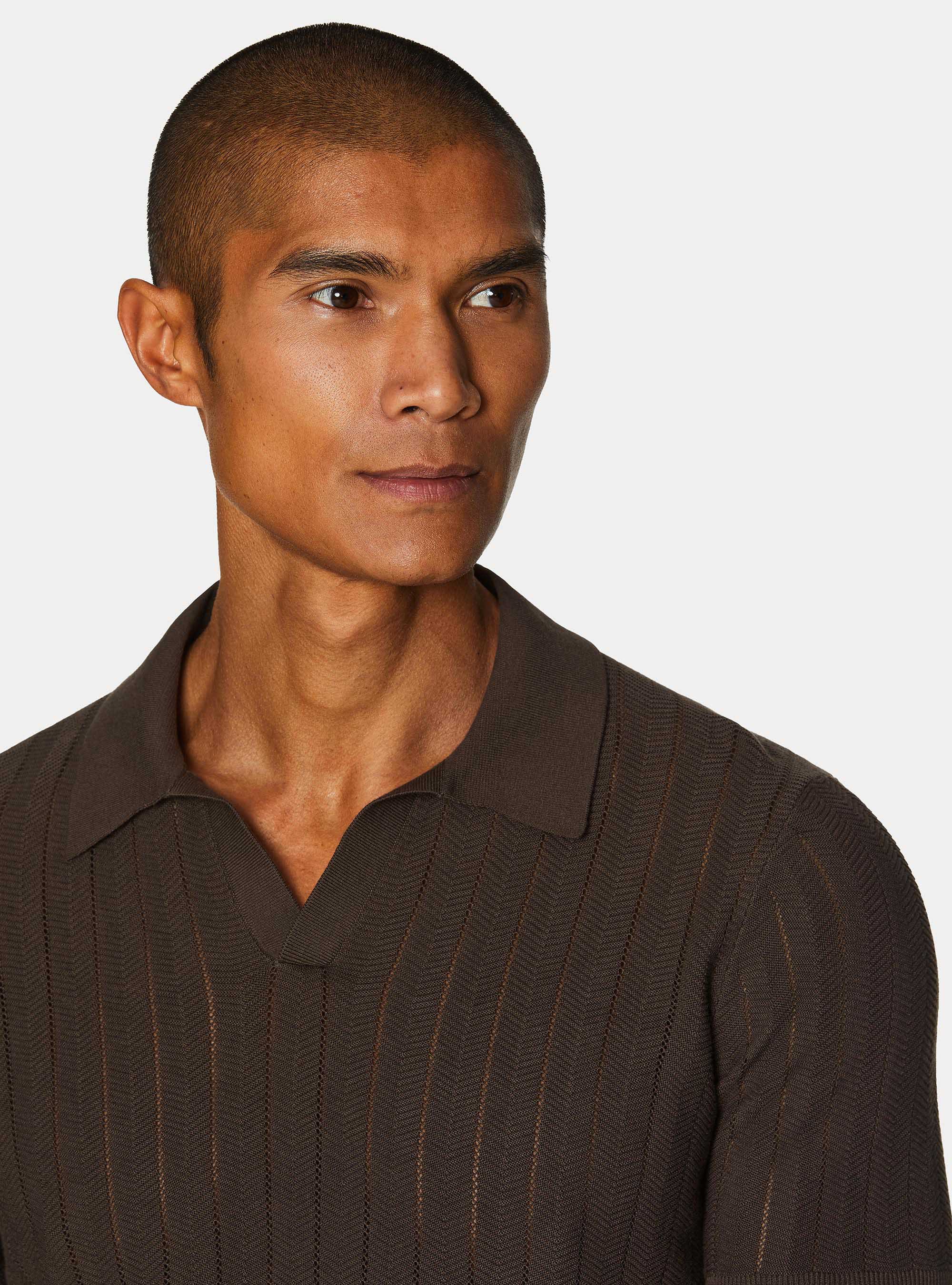 Polo traforata in cotone spigato, MARRONE