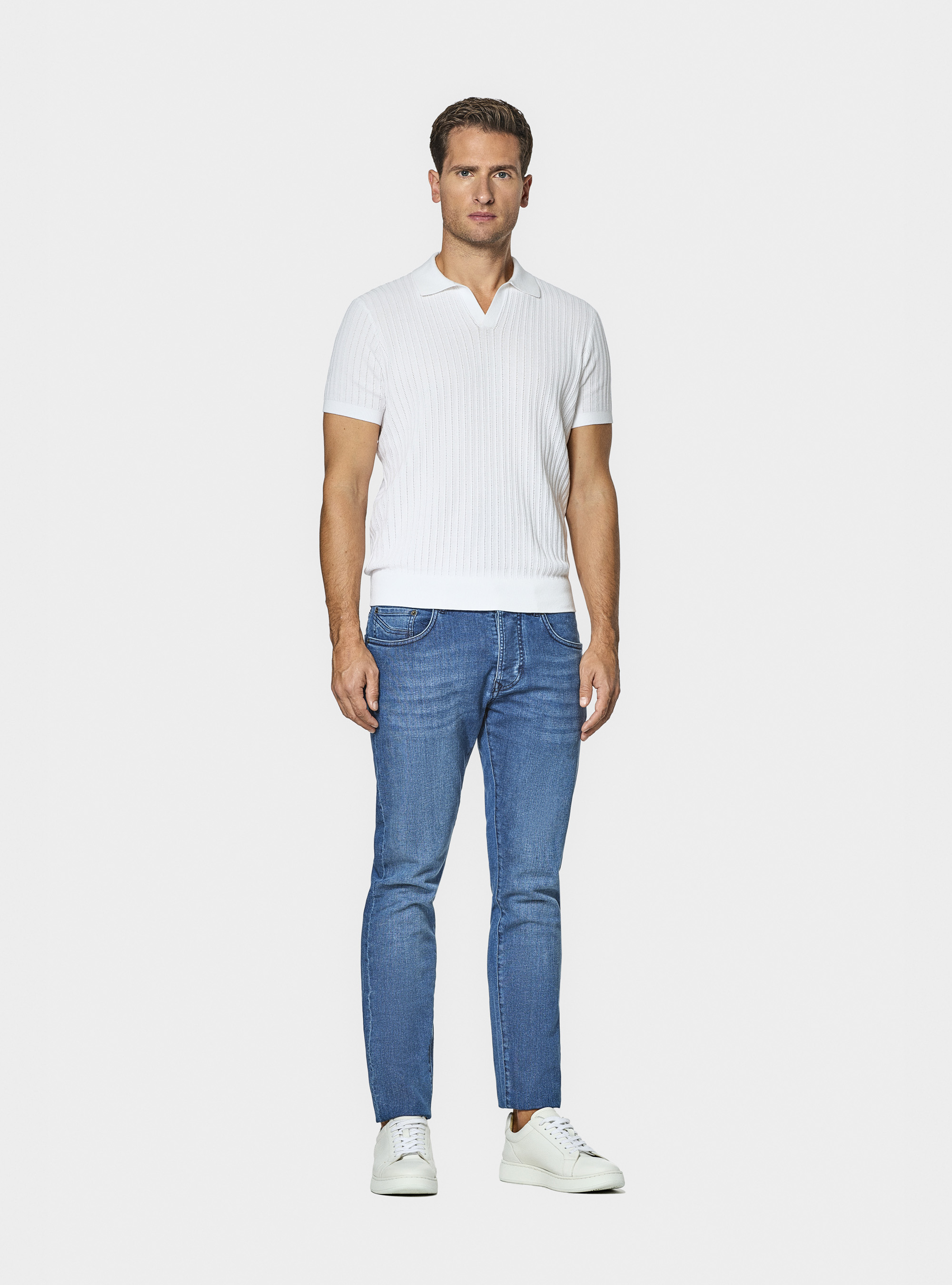 Polo in maglia traforata senza bottoni in cotone extrafine, BIANCO