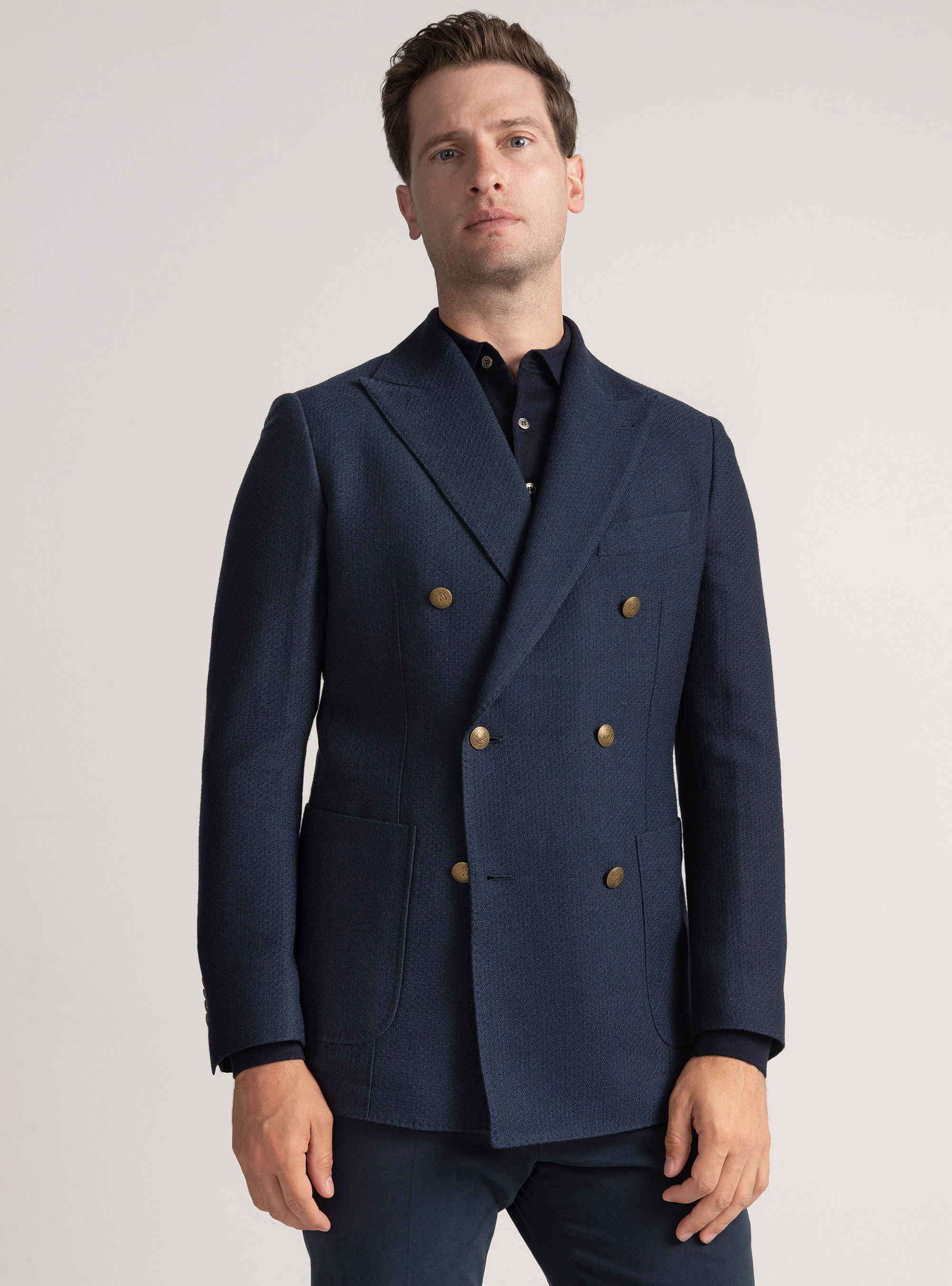Giacca doppiopetto  giro inglese in lana e cotone, BLU NAVY
