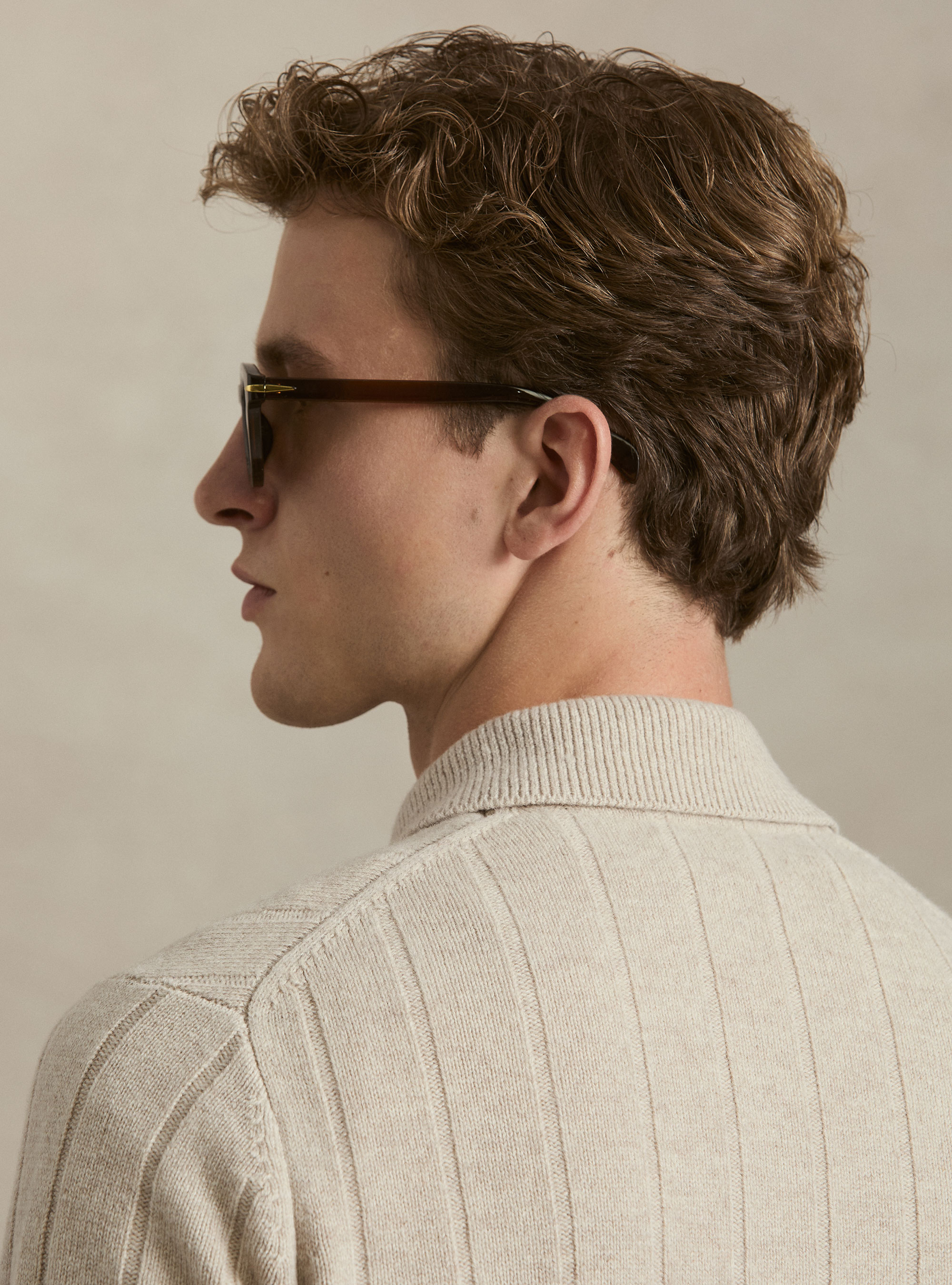 Full-zip wool-cashmere flat-ribbed sweater, ECRU