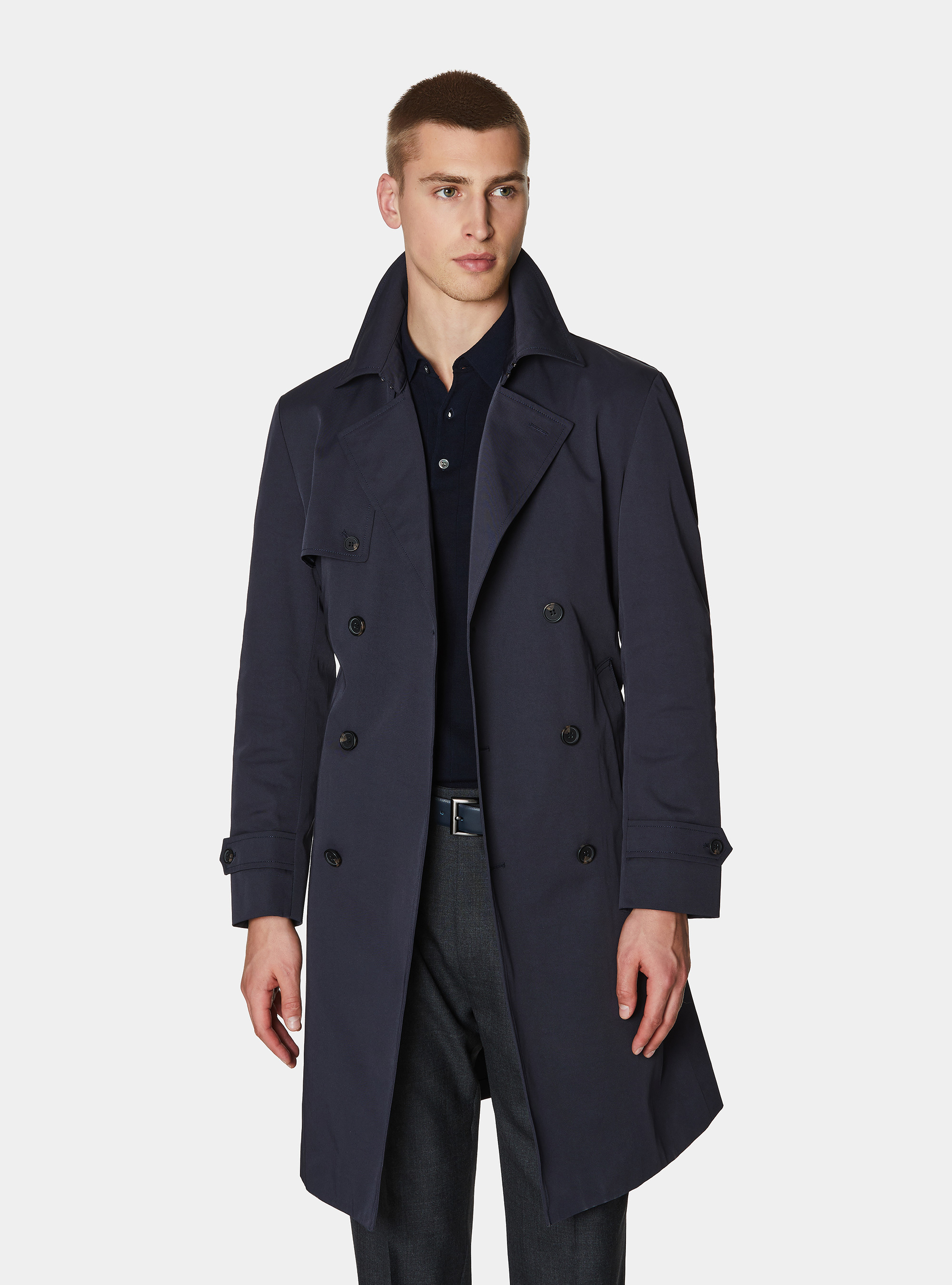 Trench doble botonadura de sarga de algod&oacute;n, AZUL MARINO