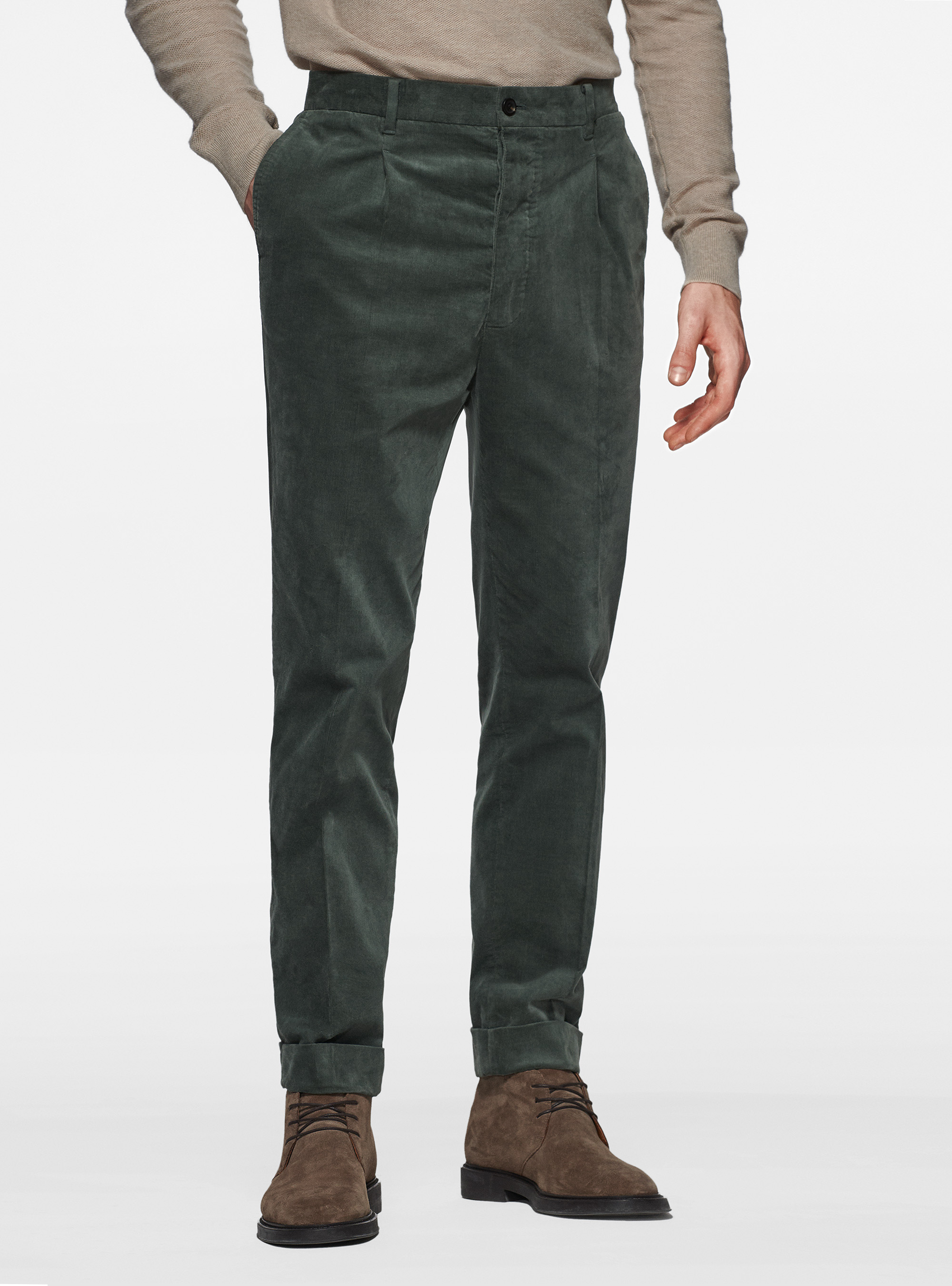 Pantaloni con elastico in velluto millerighe, VERDE