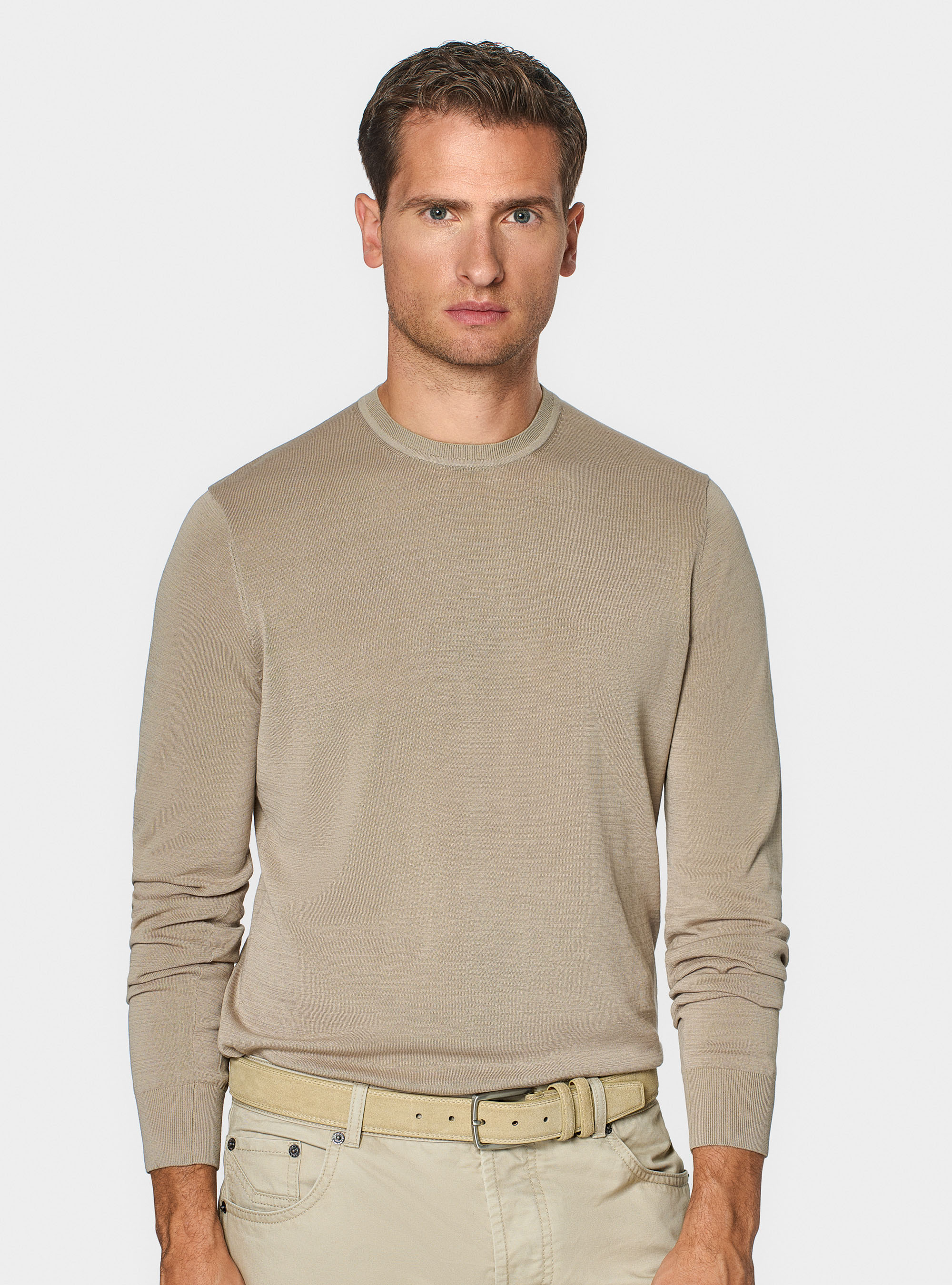 Maglia girocollo in cotone e seta, SABBIA