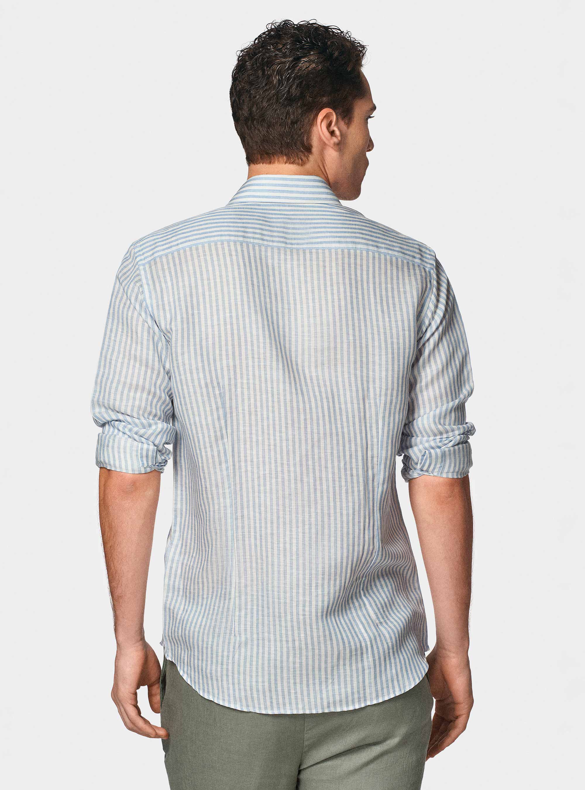 Camisa de rayas en mezcla de lino, CELESTE