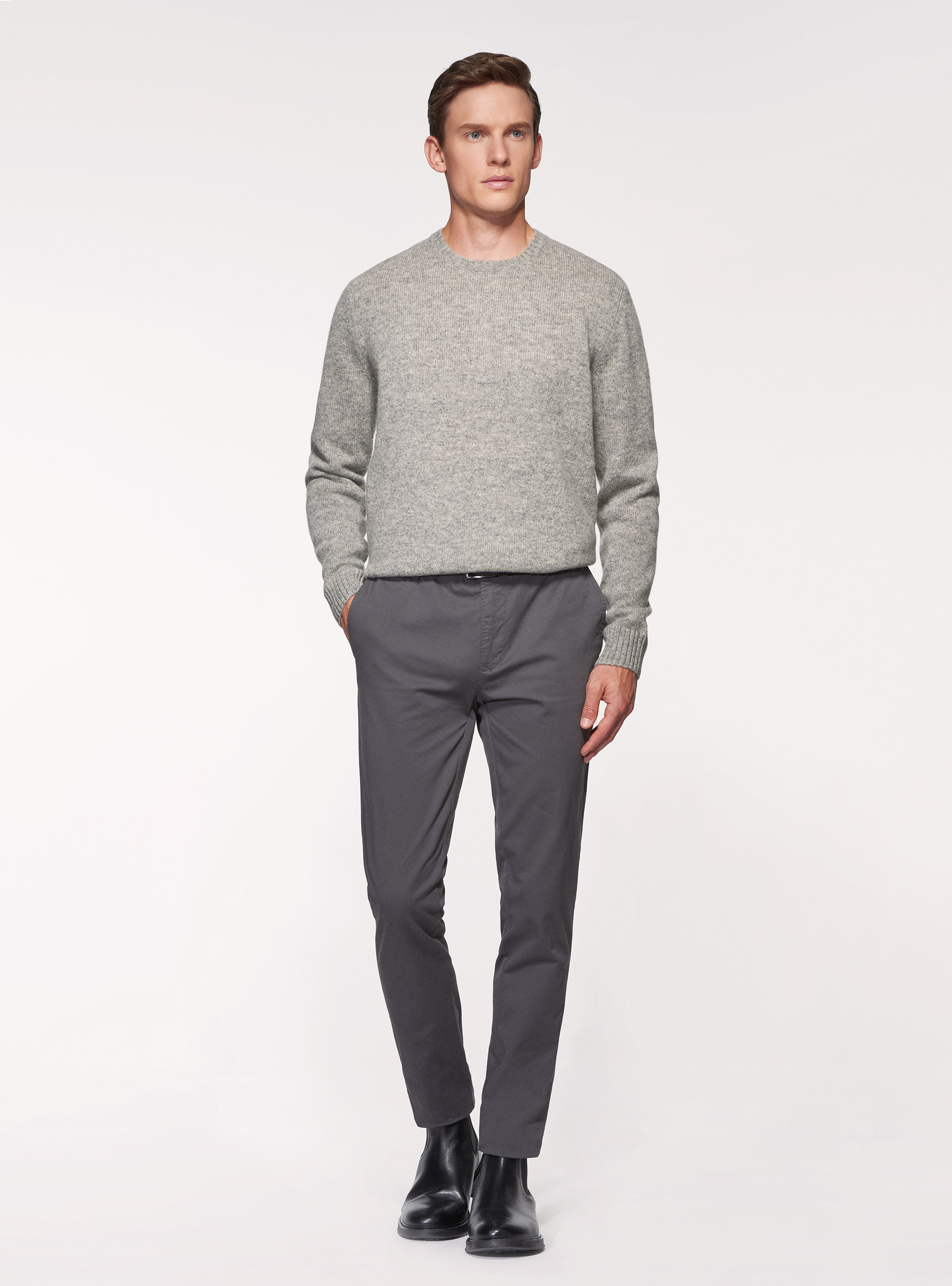 Maglia girocollo in pura lana shetland, GRIGIO MELANGE 0151C