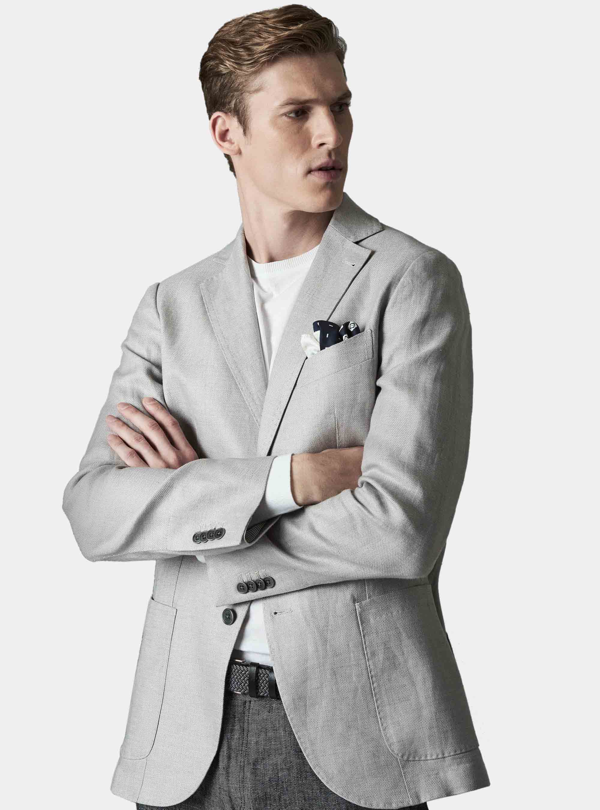 Giacca slim fit in hopsack di puro lino, GRIGIO CHIARO