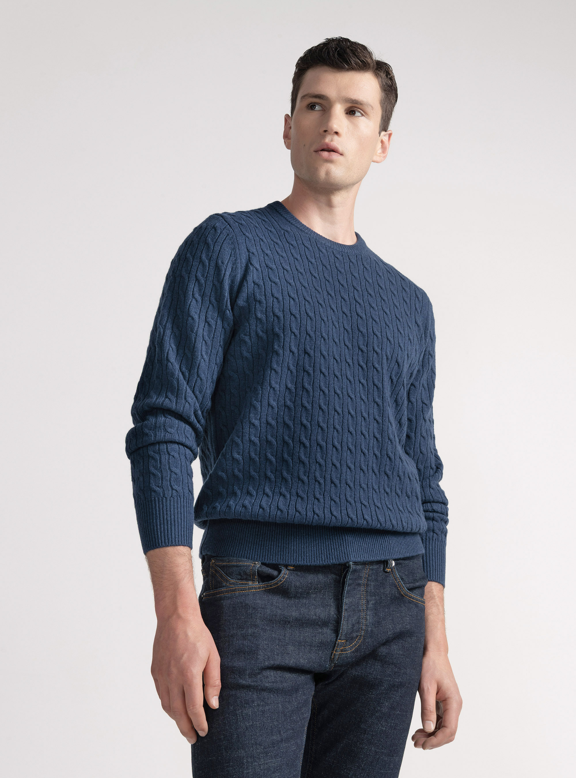 Crew-neck sweater with wool and cashmere braid, INK