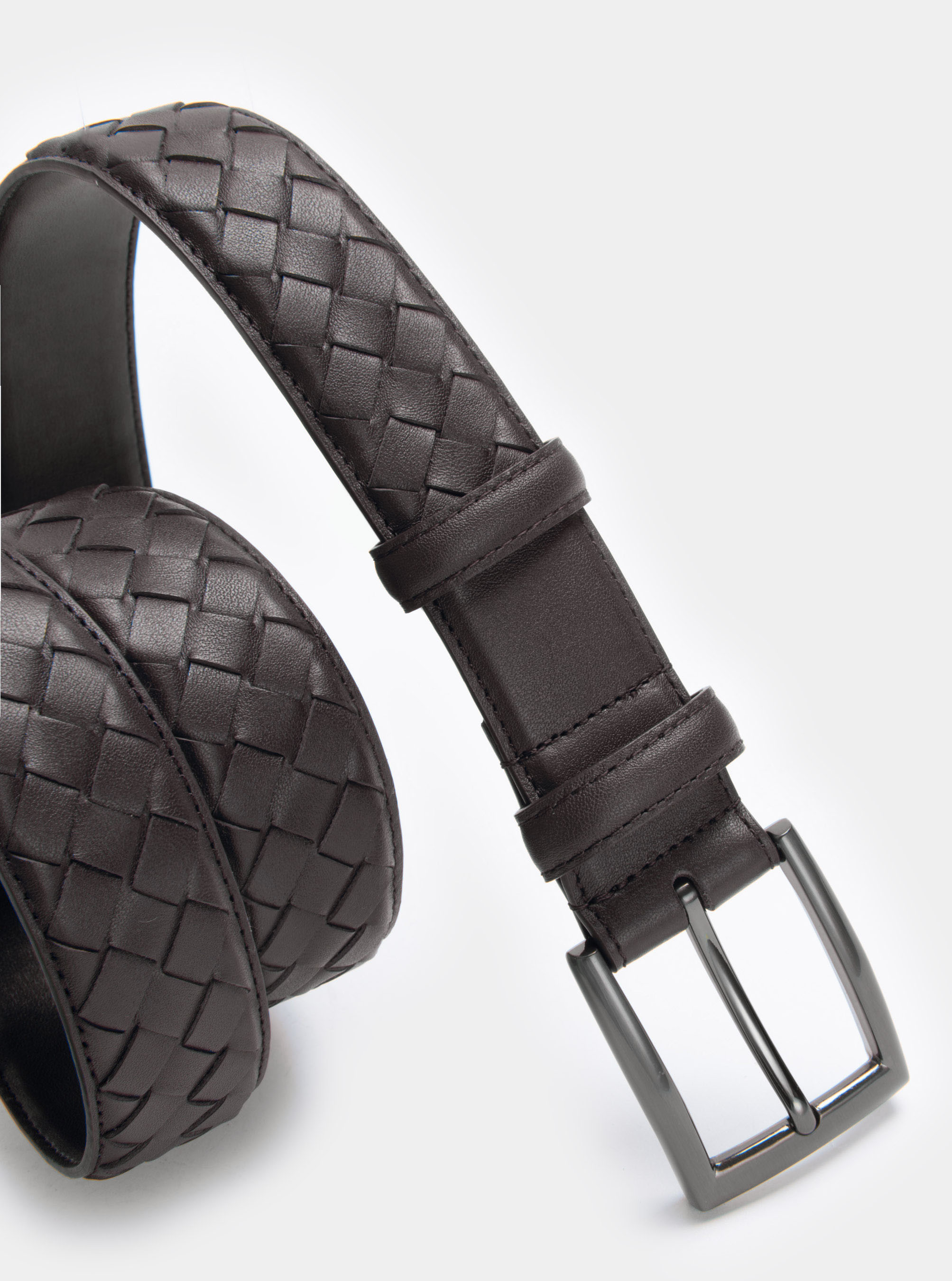 Cintura intrecciata in pelle, MARRONE