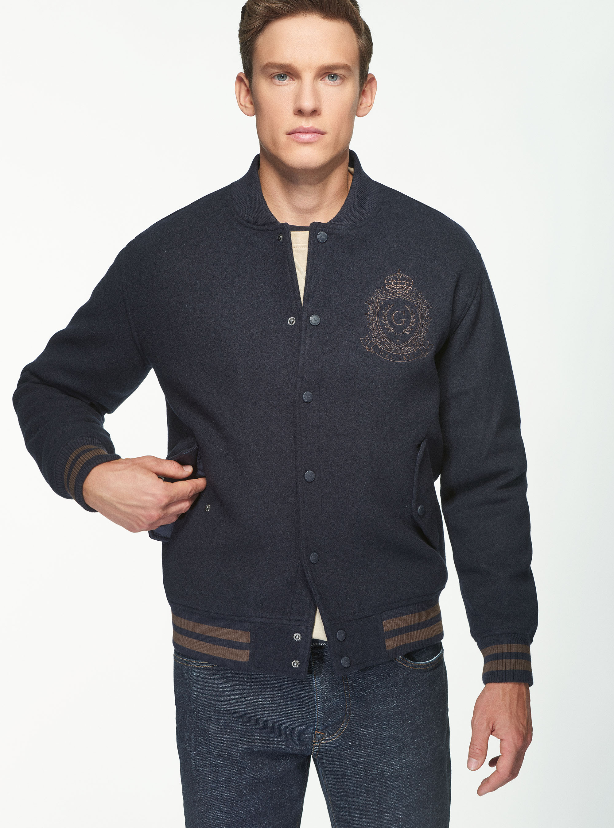 Bomber in panno con ricamo, BLU NAVY