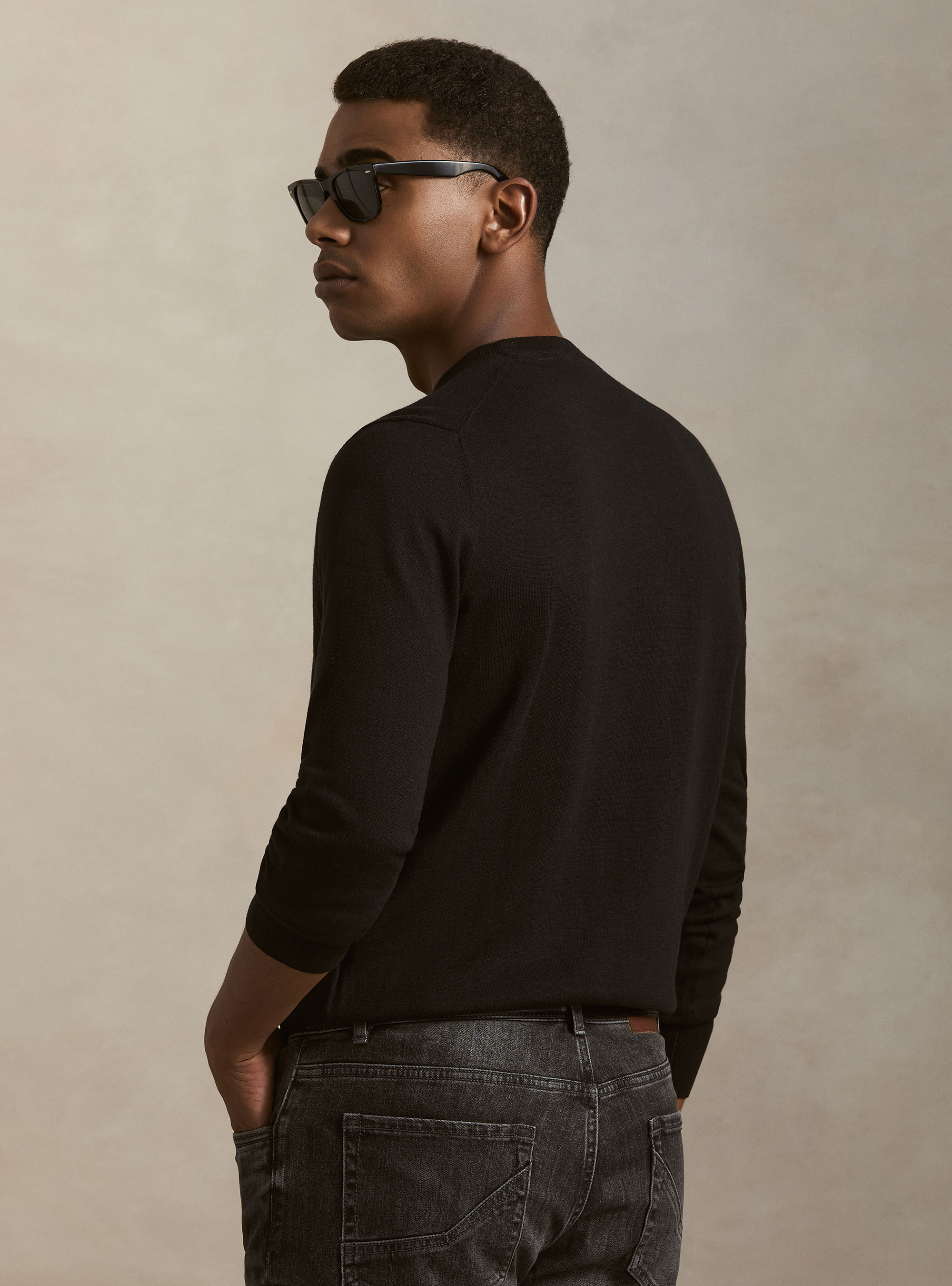 Maglia girocollo in cotone seta e cashmere, NERO