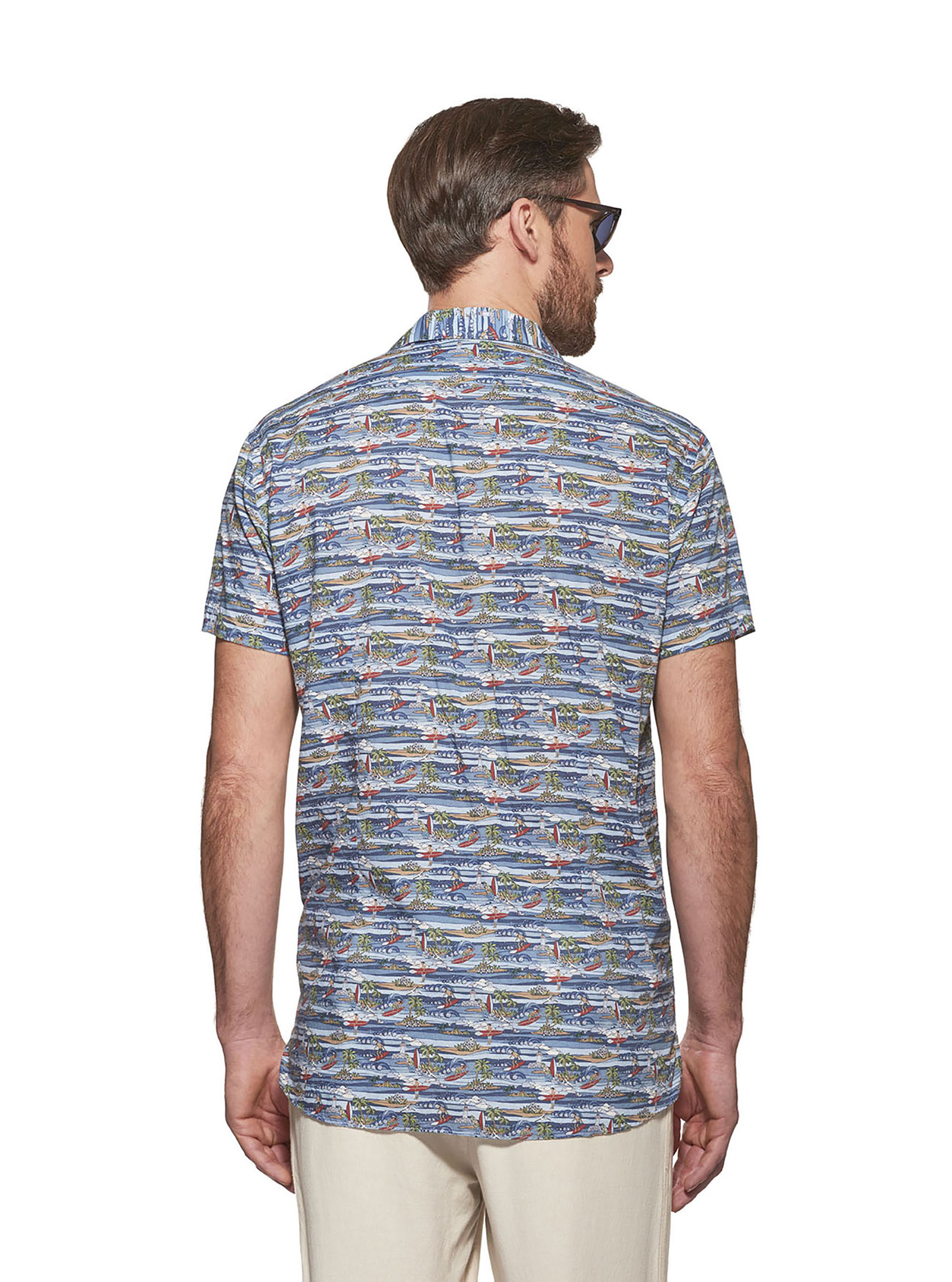 Camisa de cuello de bolos de algod&oacute;n estampado hawaiano, TROPICAL