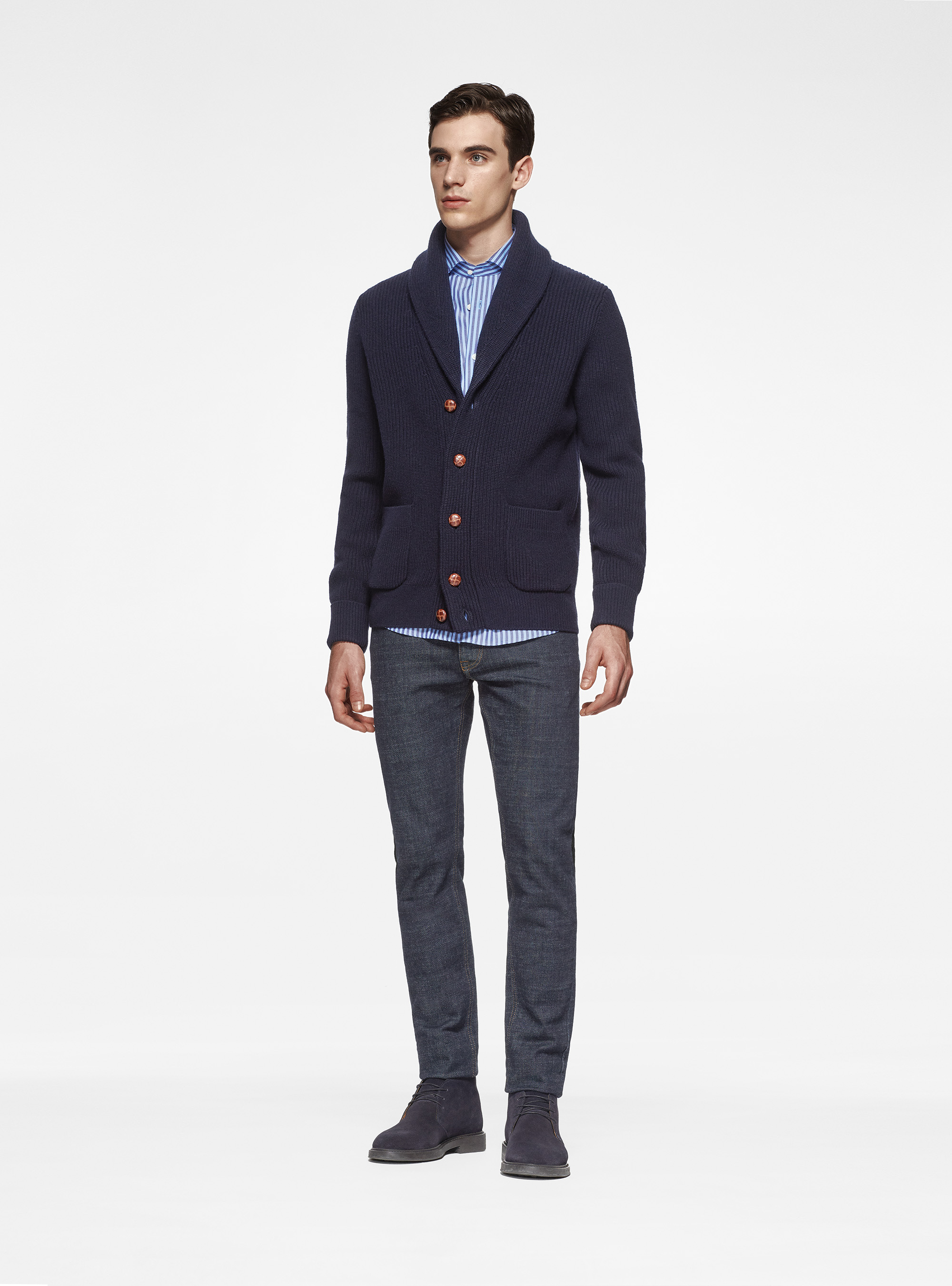 Pure merino wool shawl knit cardigan, NAVY BLUE