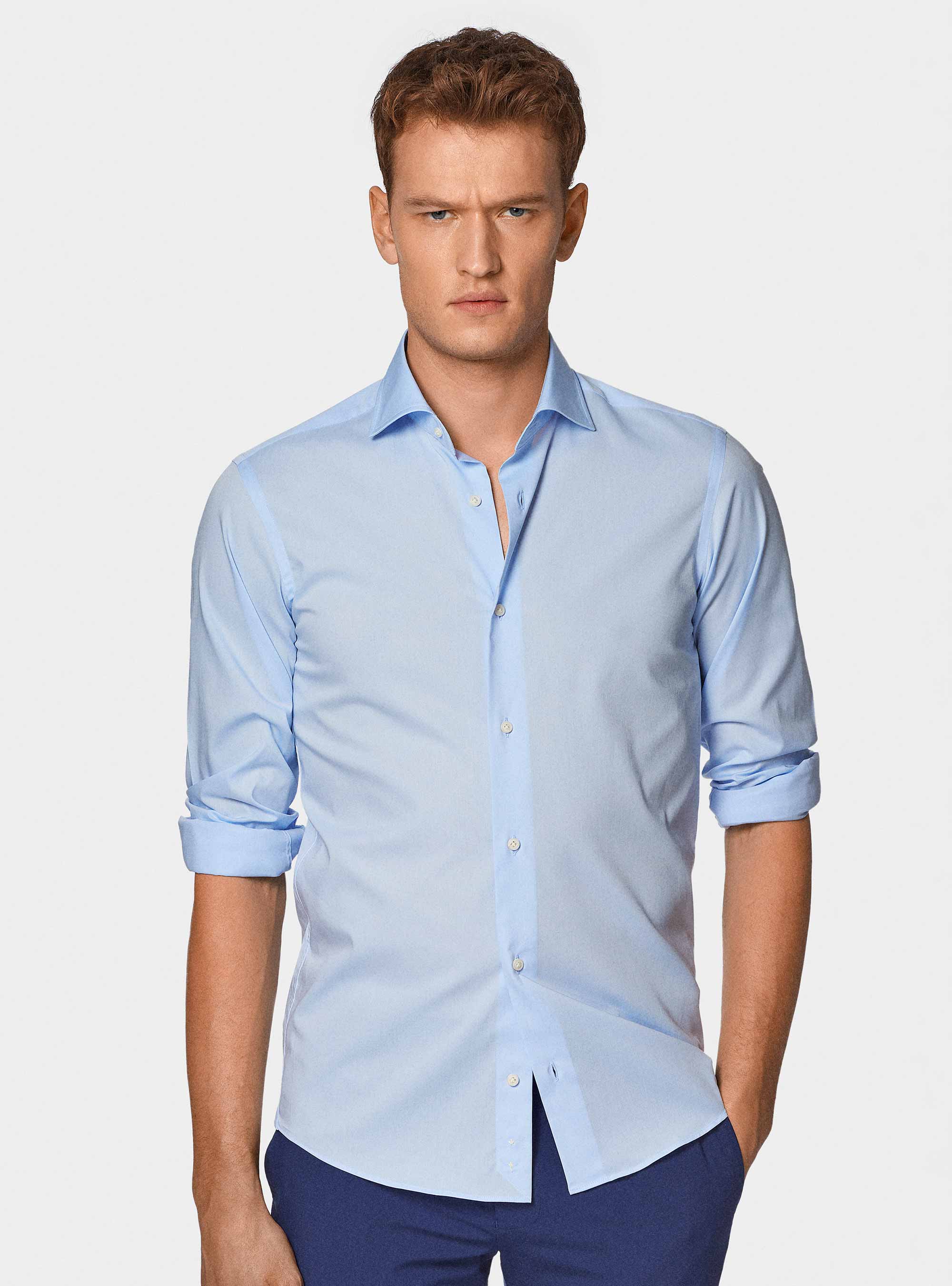 Camicia in popeline stretch, AZZURRO