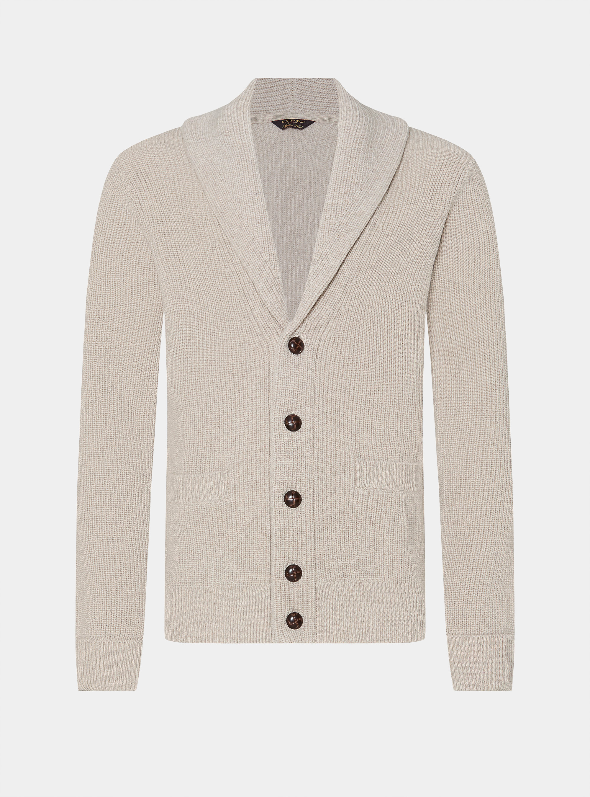 Cardigan in maglia sciallata in lana merino, ECRU