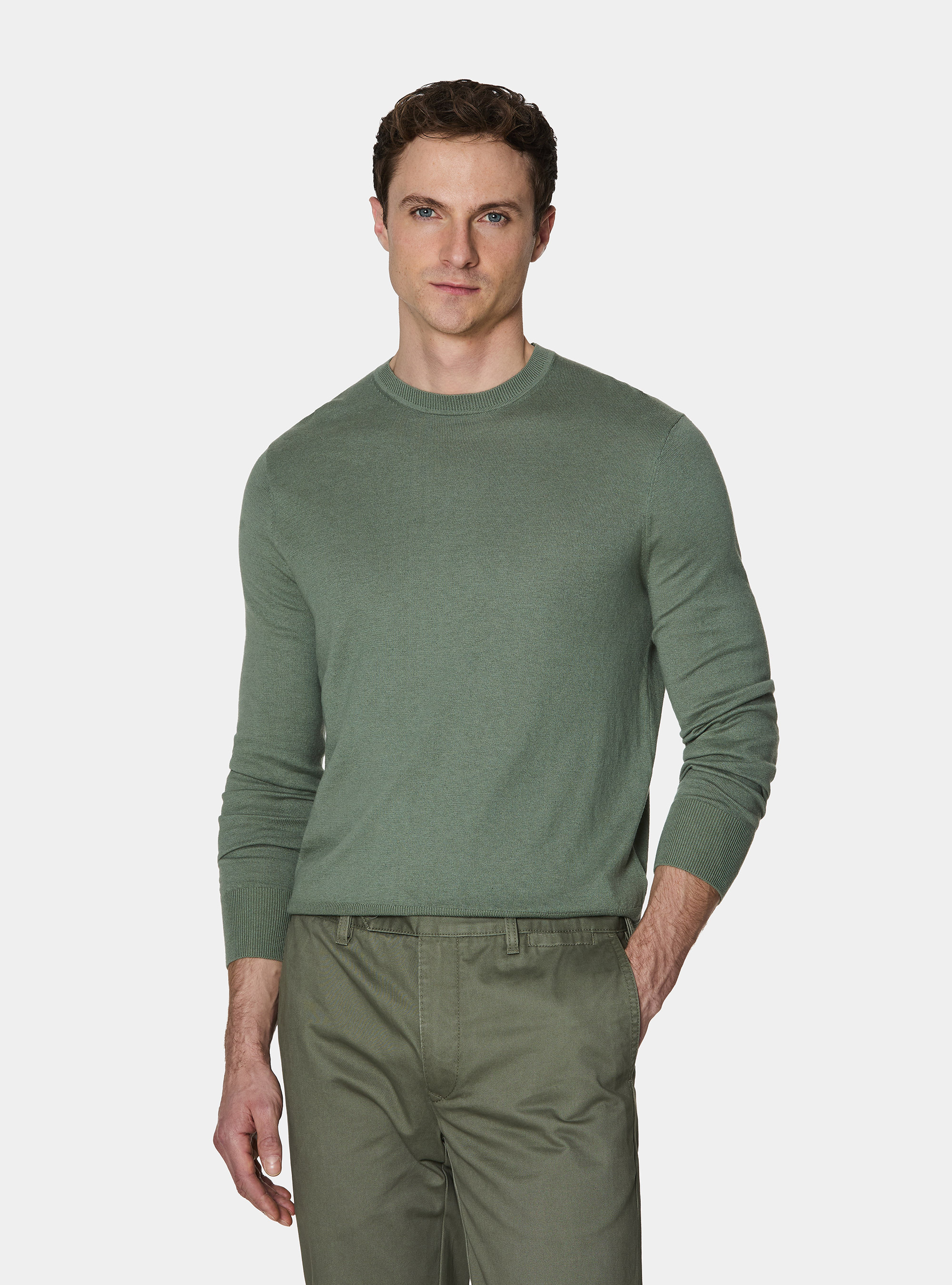 Maglia girocollo in cotone seta e cashmere, VERDE SALVIA 0604C