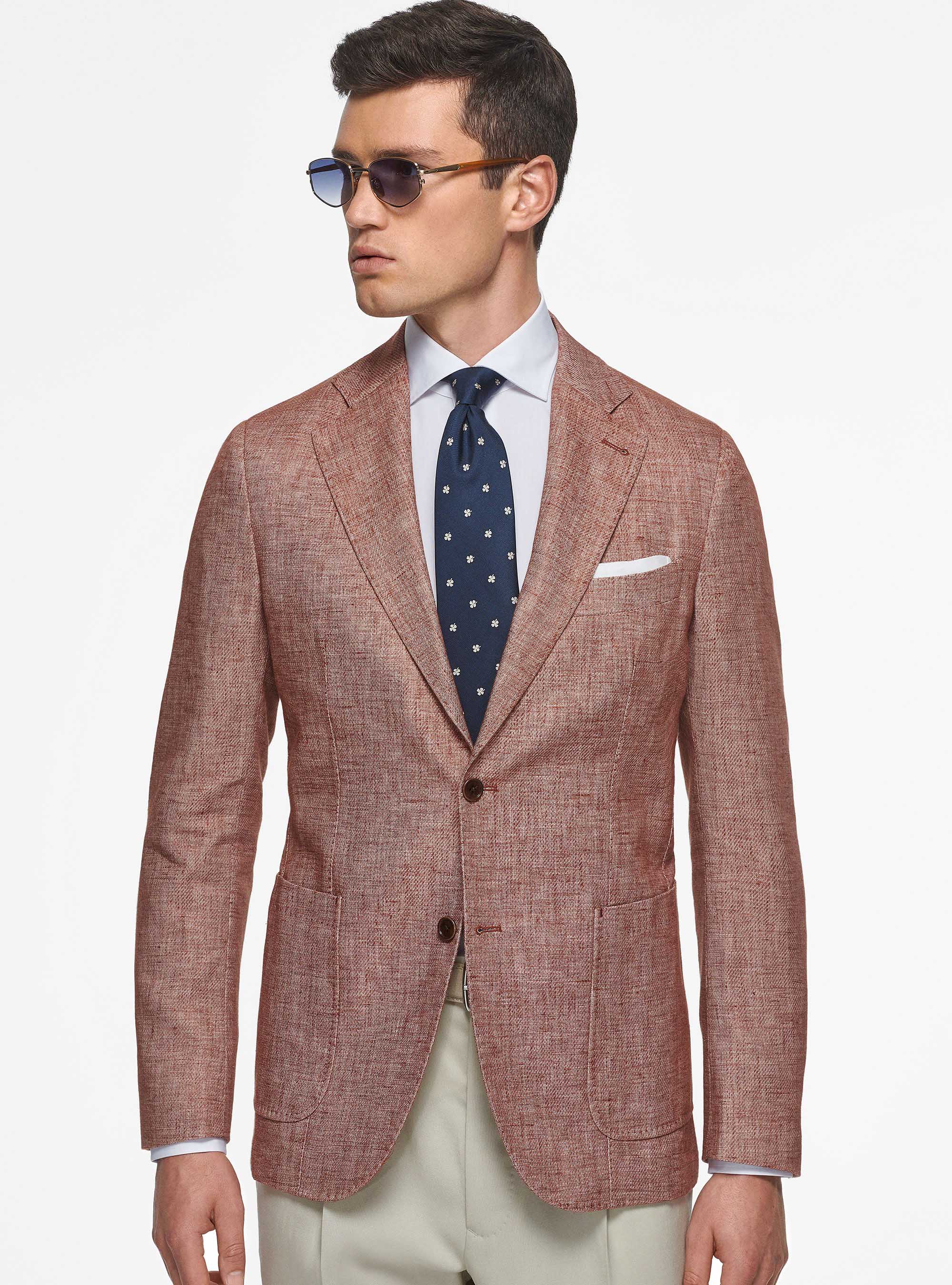 Linen and slub cotton blazer, TERRACOTTA