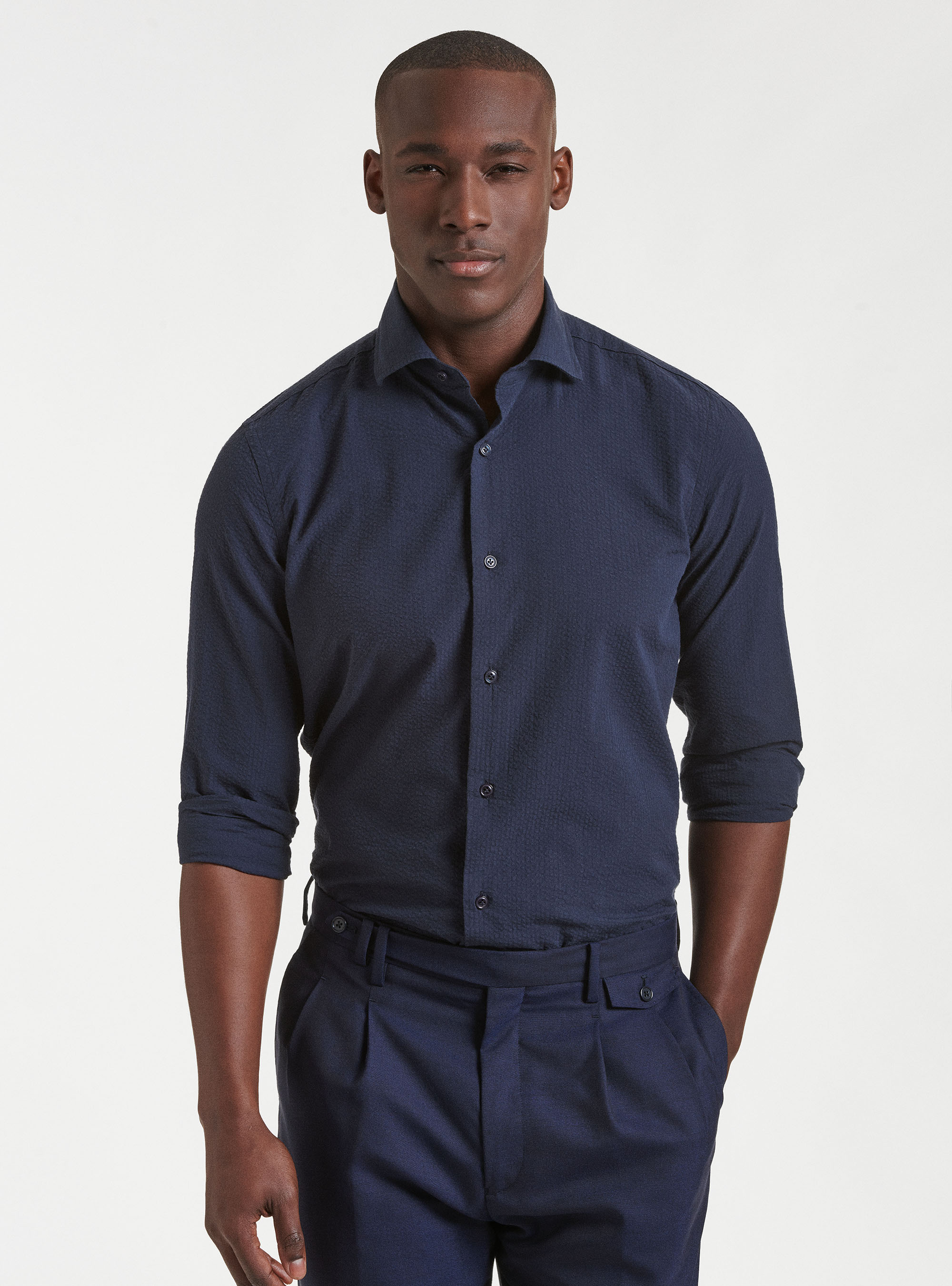Camicia collo semi francese in cotone seersucker, BLU NAVY