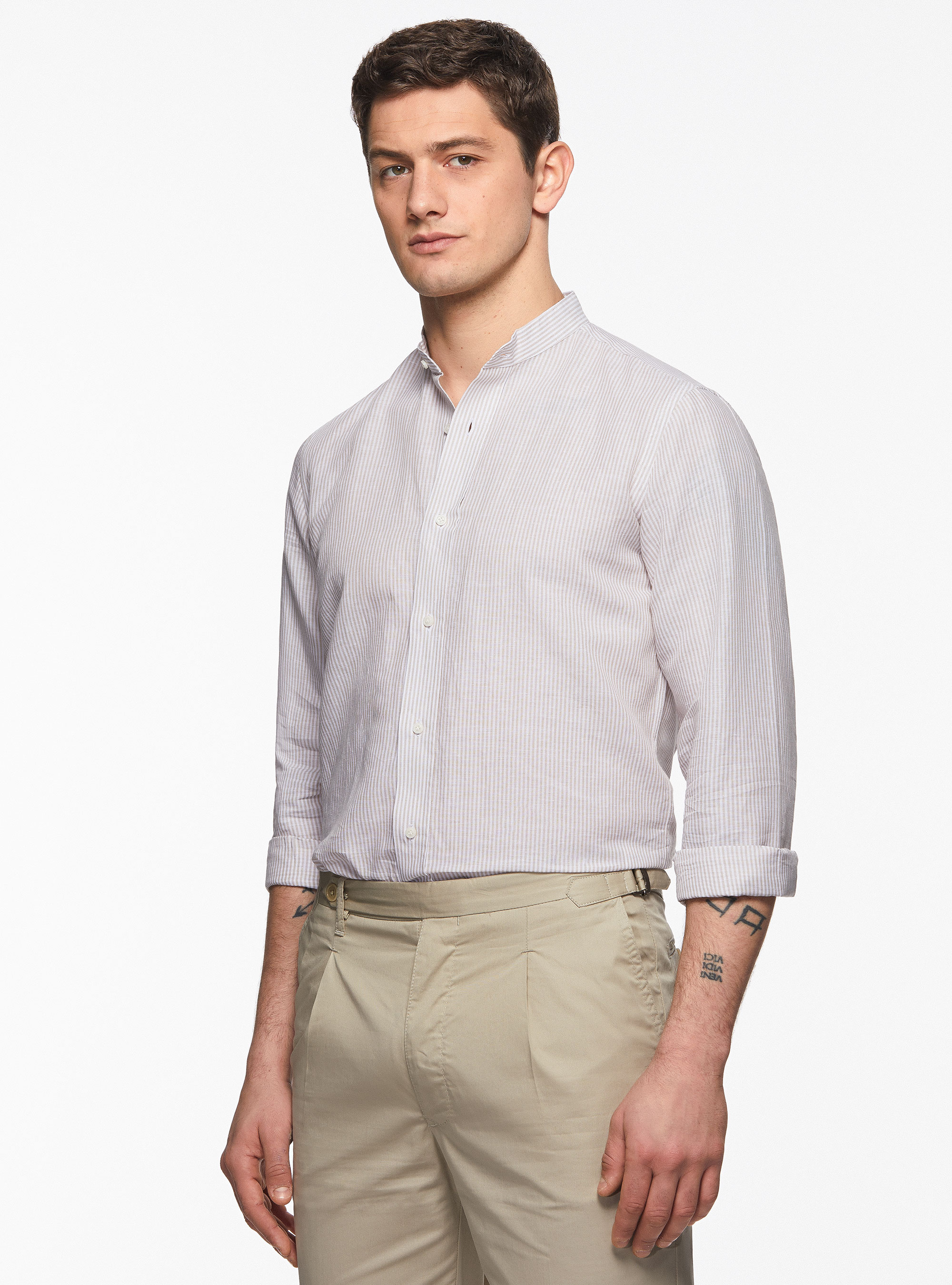 Camicia collo alla coreana in lino e cotone