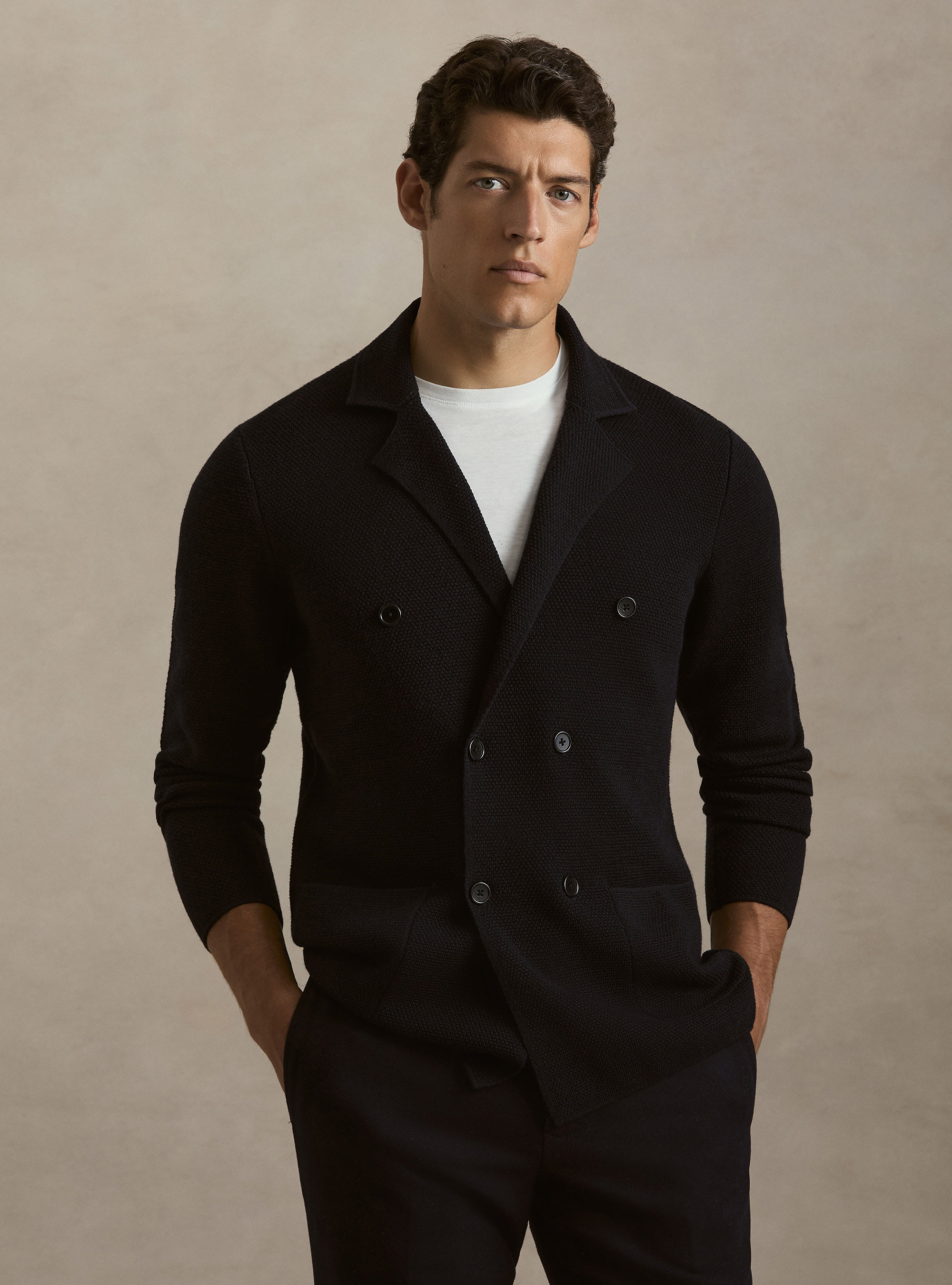 Giacca in maglia doppiopetto in lana merino, BLU NAVY
