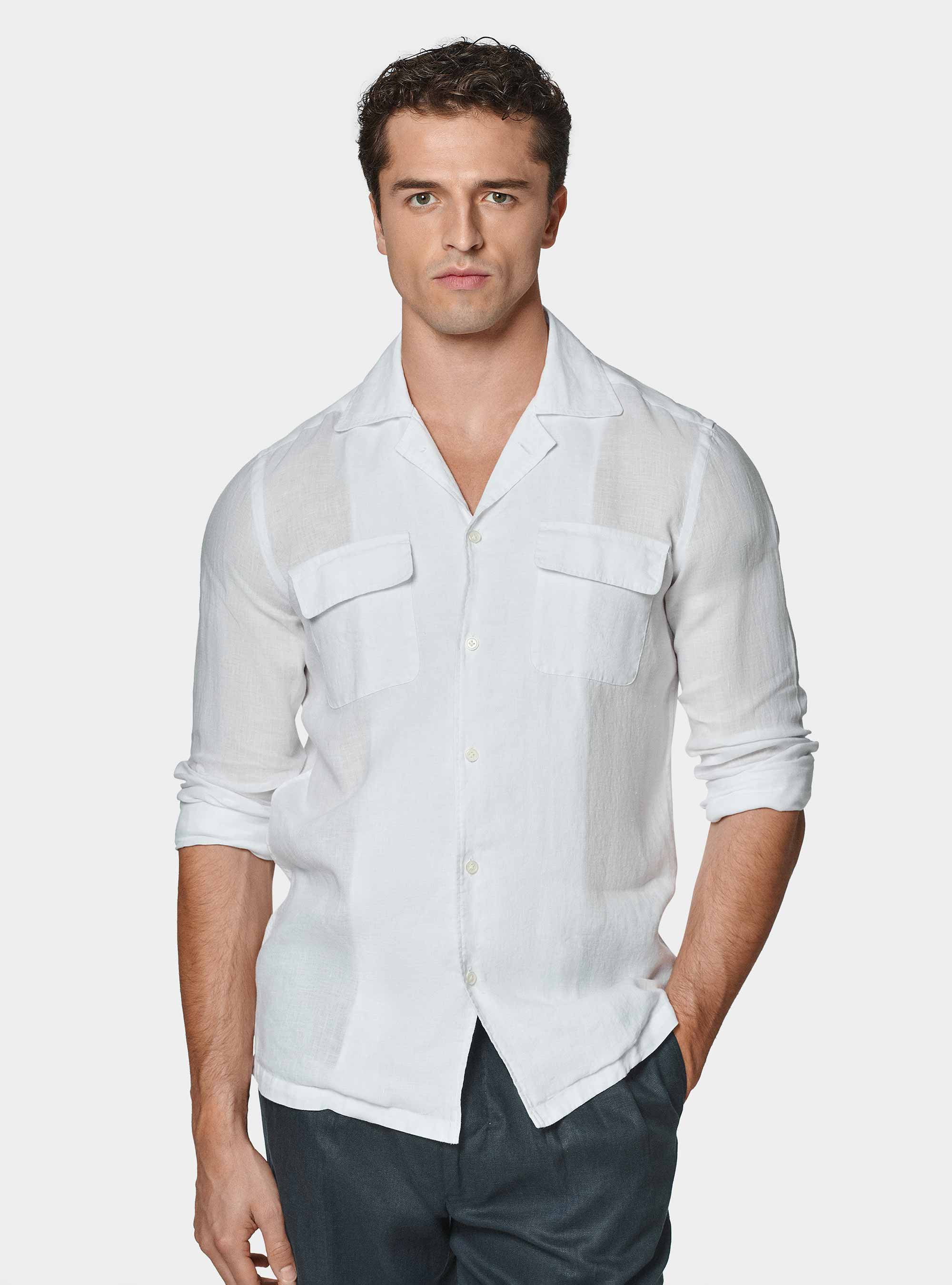 Pure linen bowling shirt with large pockets, WHITE
