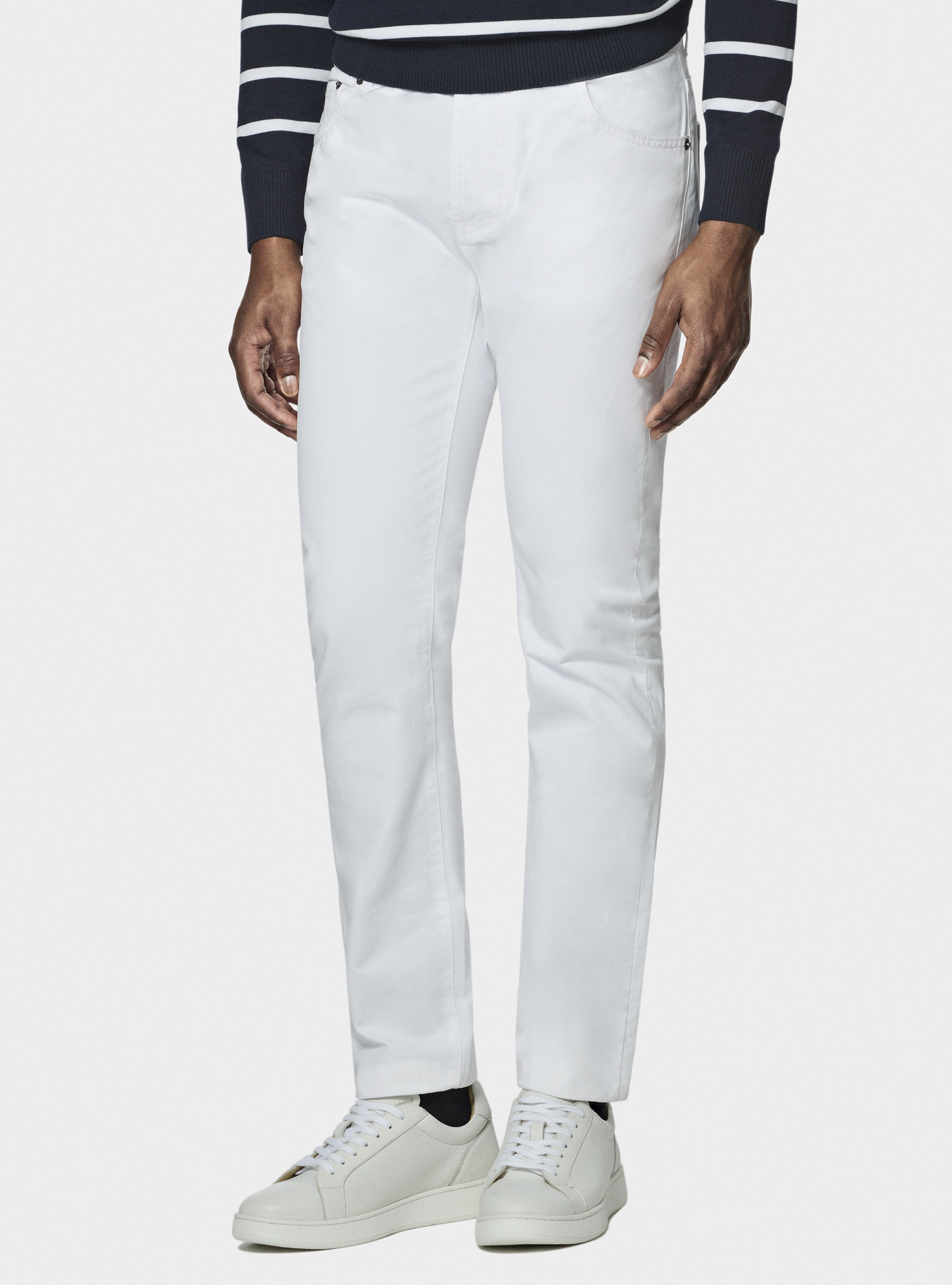 Pantaloni 5 tasche in twill di cotone, BIANCO