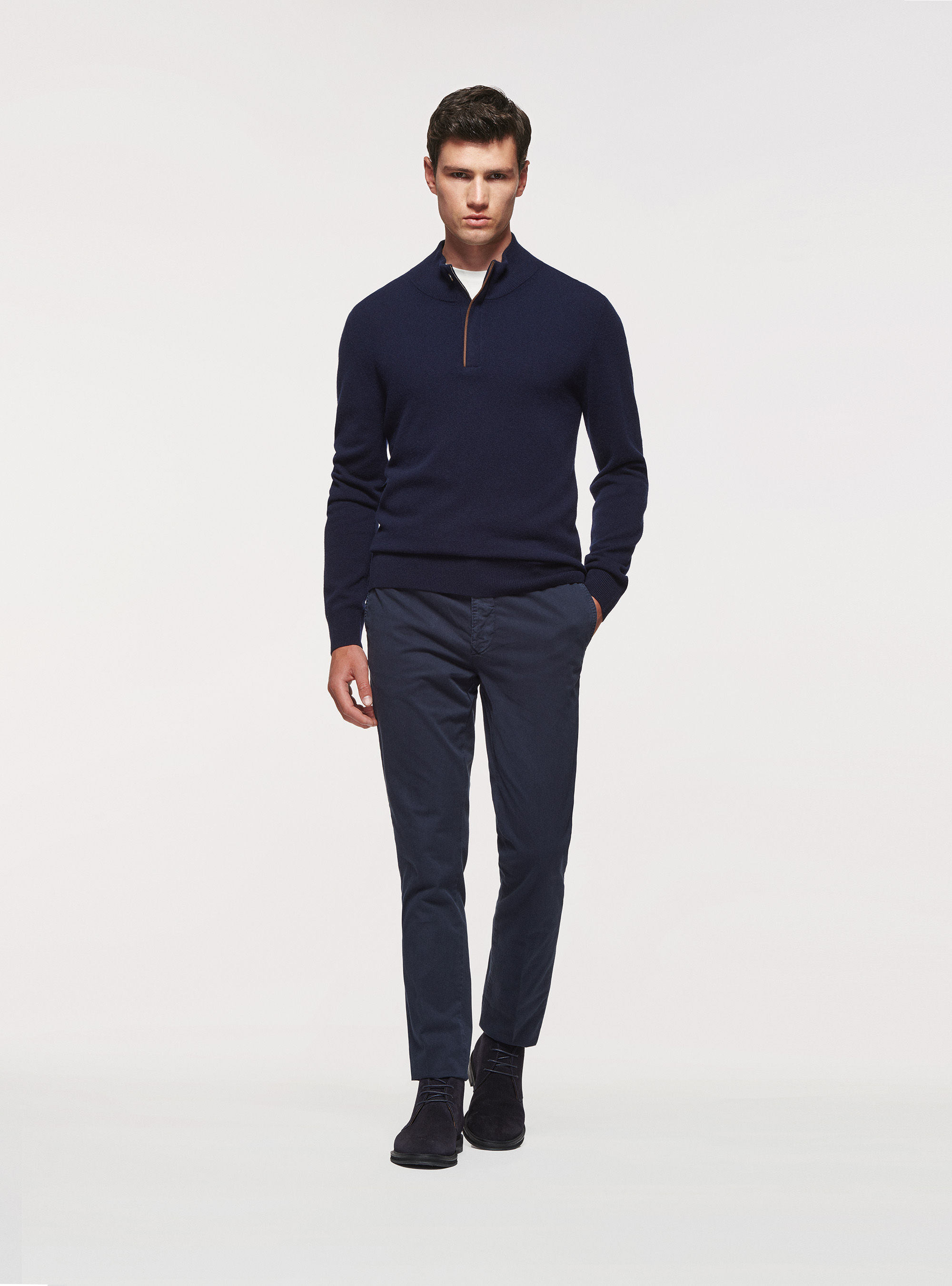 Half-zip sweater with patches in lambswool wool and cashmere, NAVY BLUE