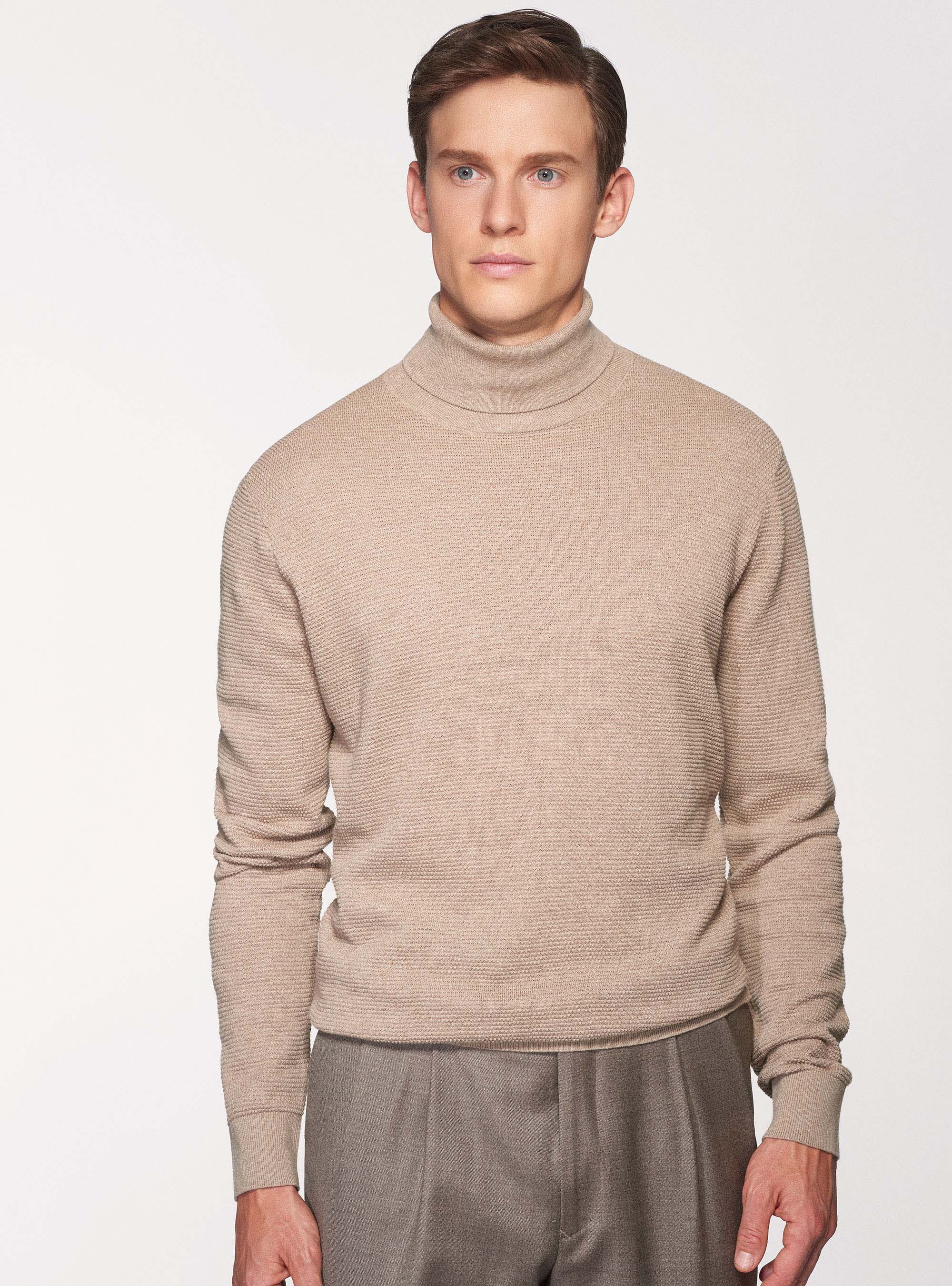 Dolcevita in cotone cashmere punto riso, PANNA