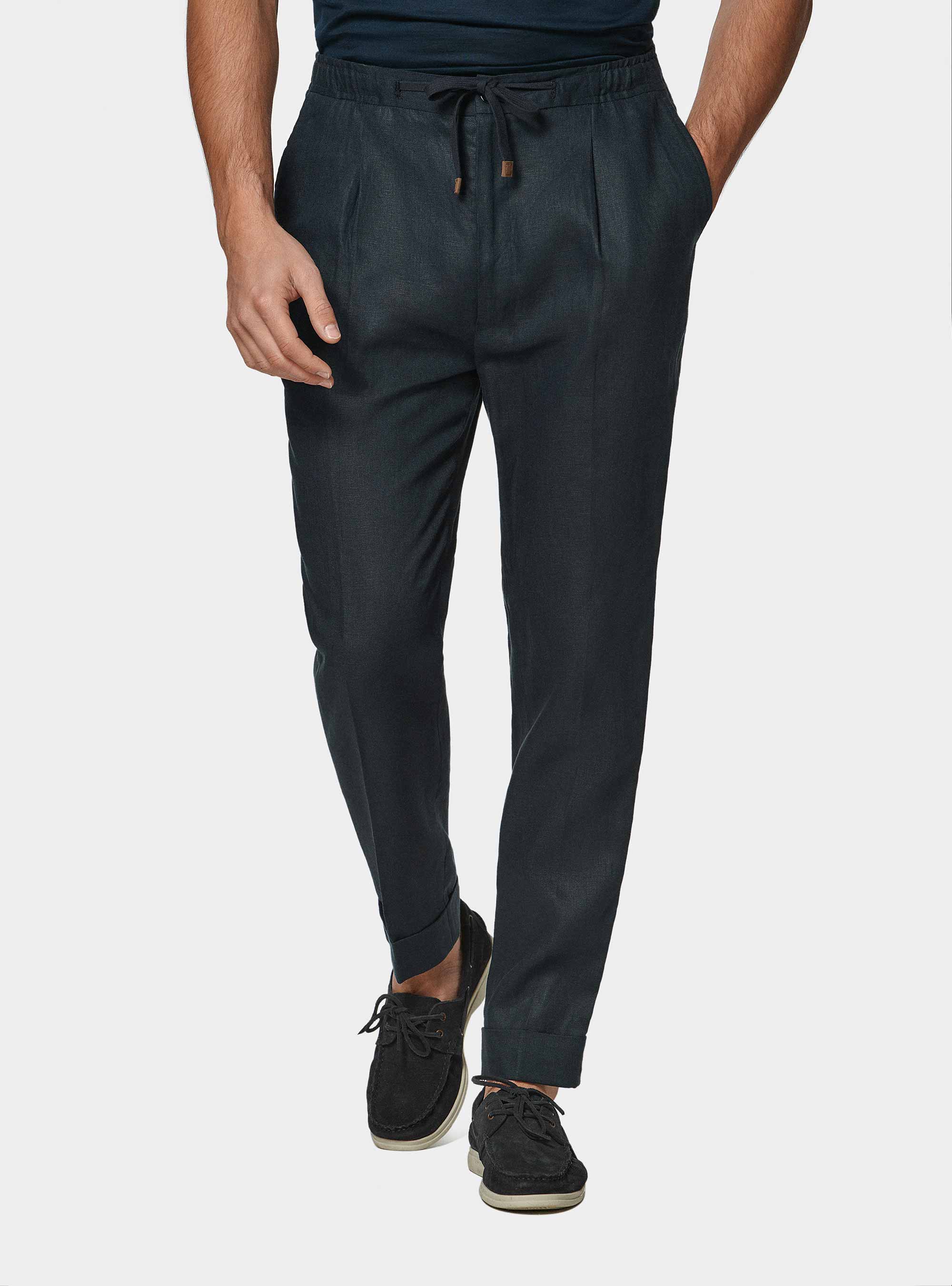 Pure linen trousers with pleat and drawstring, NAVY BLUE