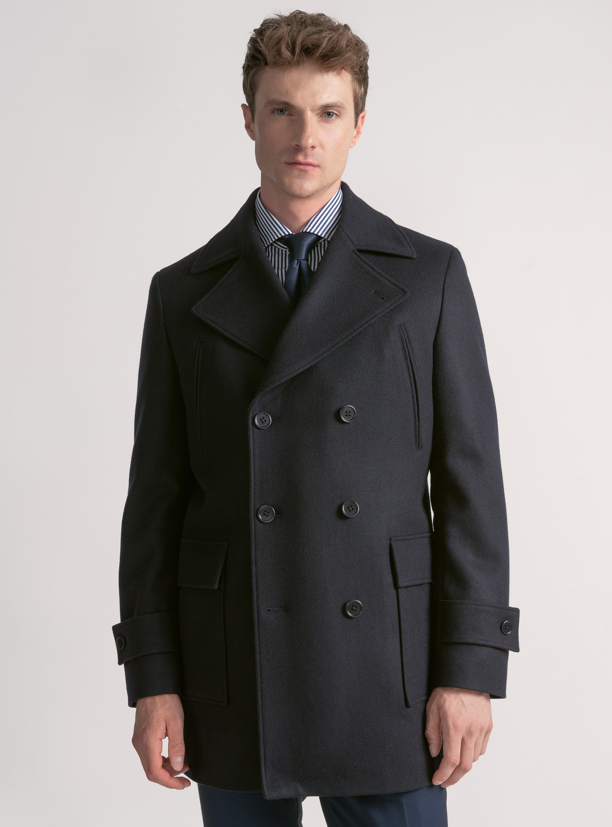 Peacoat en mezcla de lana con bolsillos de parche, AZUL MARINO